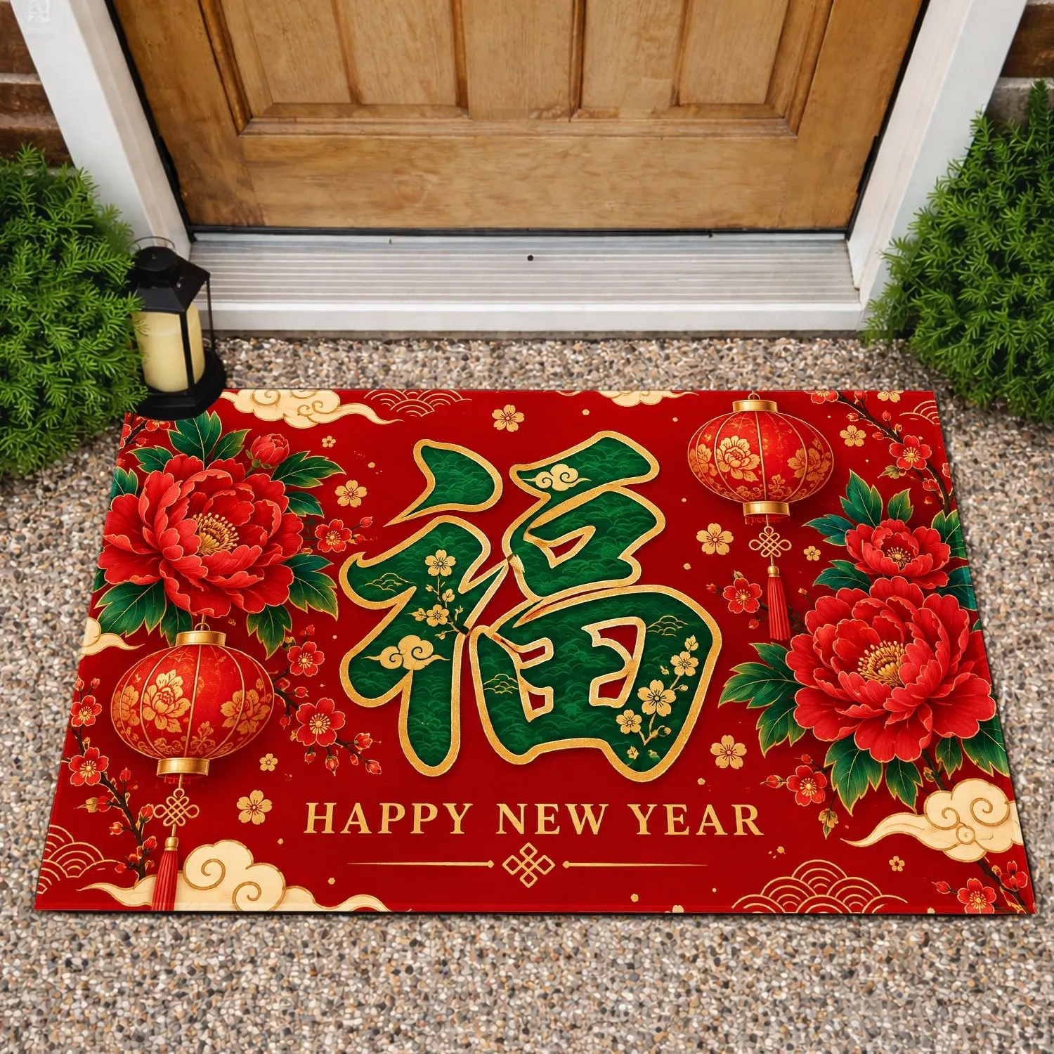 Chinese Fu Character with Peonies and Lanterns for Lunar New Year Home Celebrations Doormat - 1