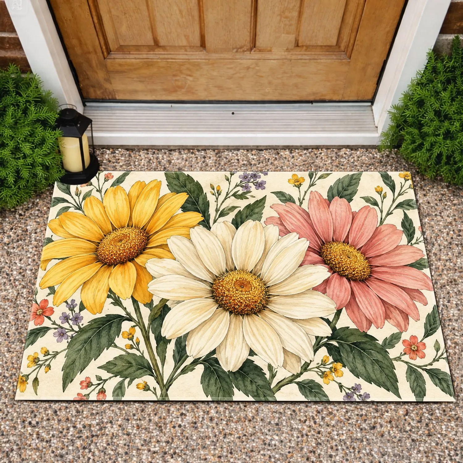 Yellow Daisy Blooms for Cheerful Cottage Entryways and Fresh Spring Home Decor Doormat - 1