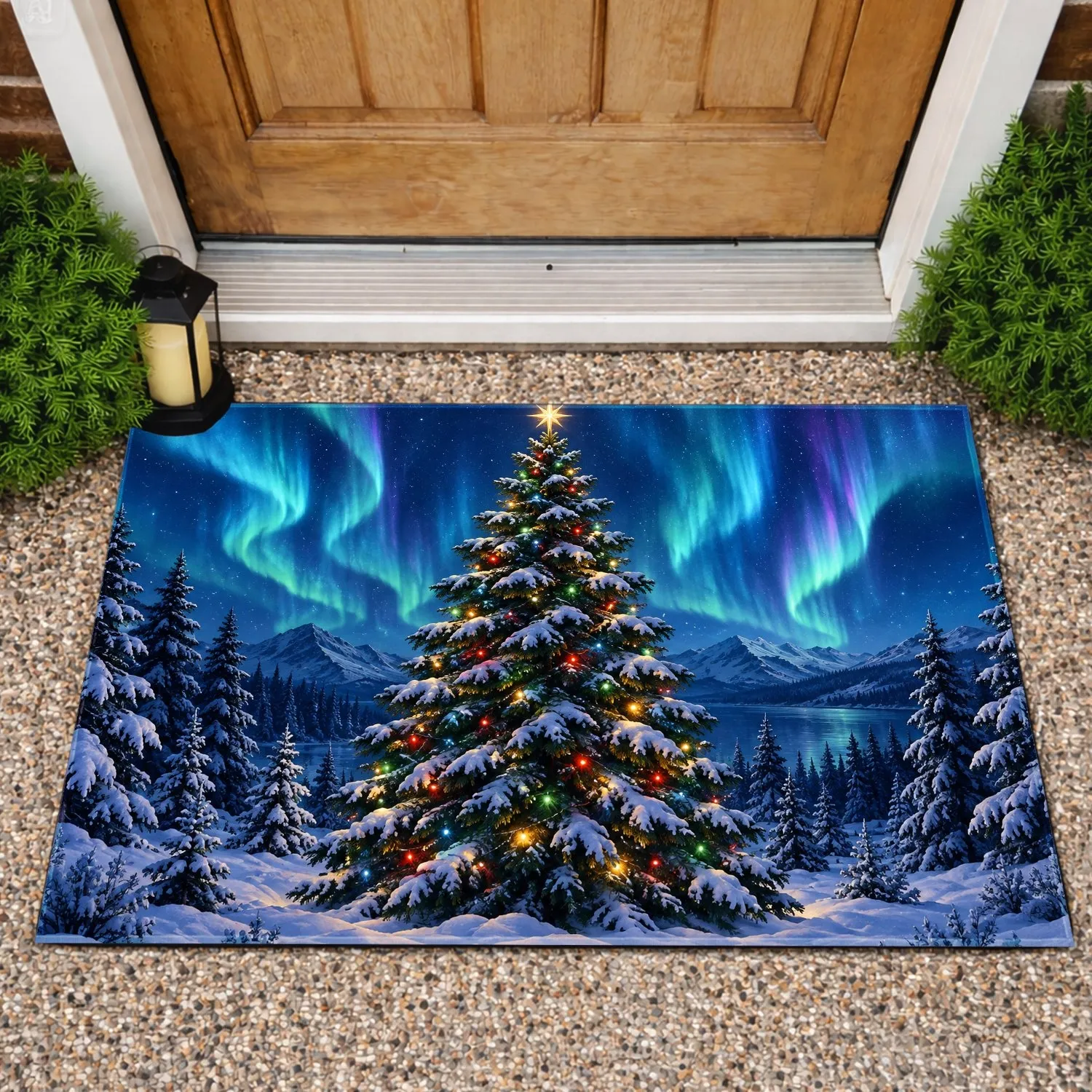 Aurora Christmas Tree Under Northern Lights for Cozy Winter Holiday Home Celebrations Doormat - 1
