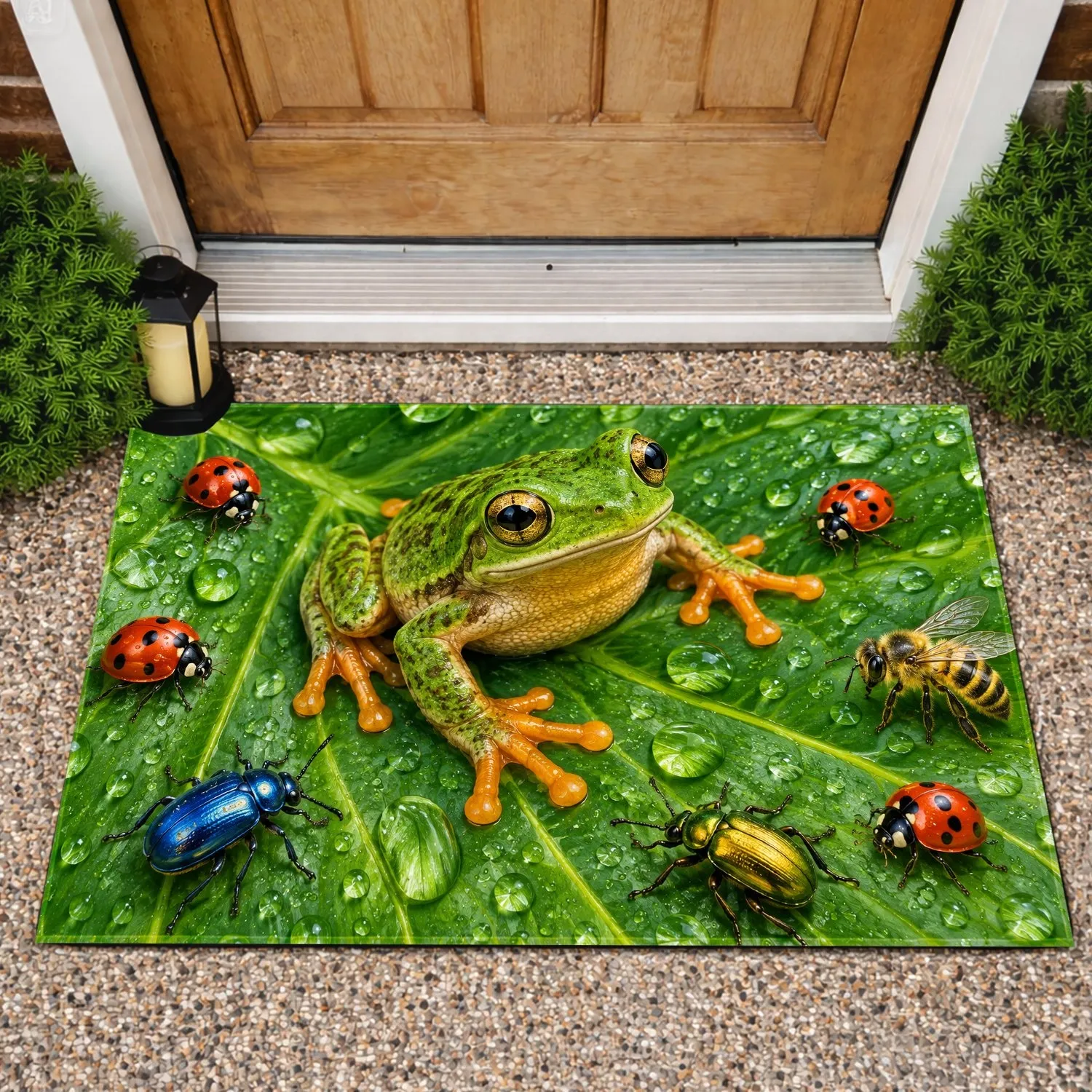 Dewy Green Leaf, Frog and Ladybugs for Nature-Loving Homes and Garden Entryways Doormat - 1