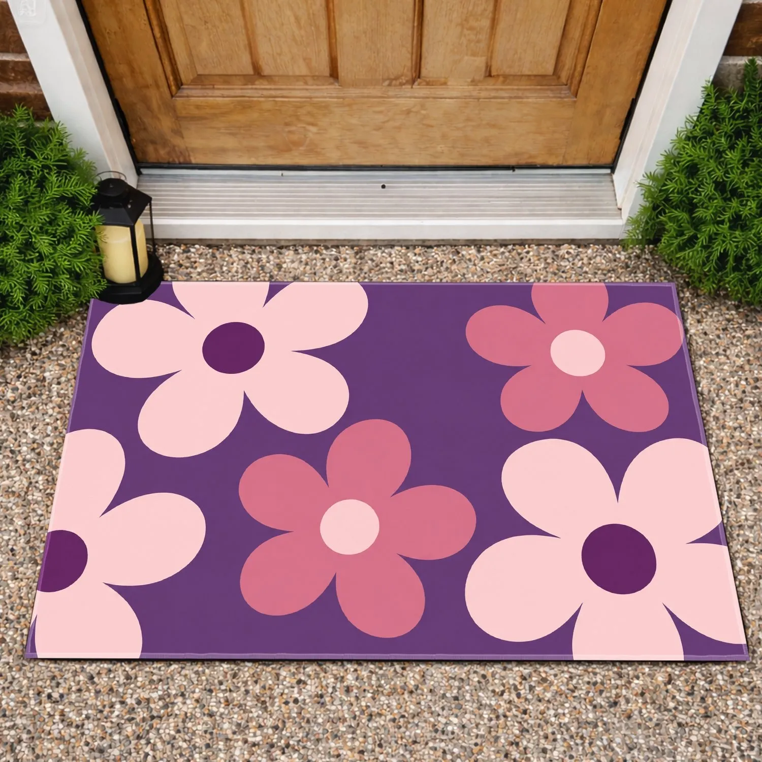Purple Pink Daisy Flowers for a Fresh Cheerful Home Entryway and Spring Style Doormat - 1
