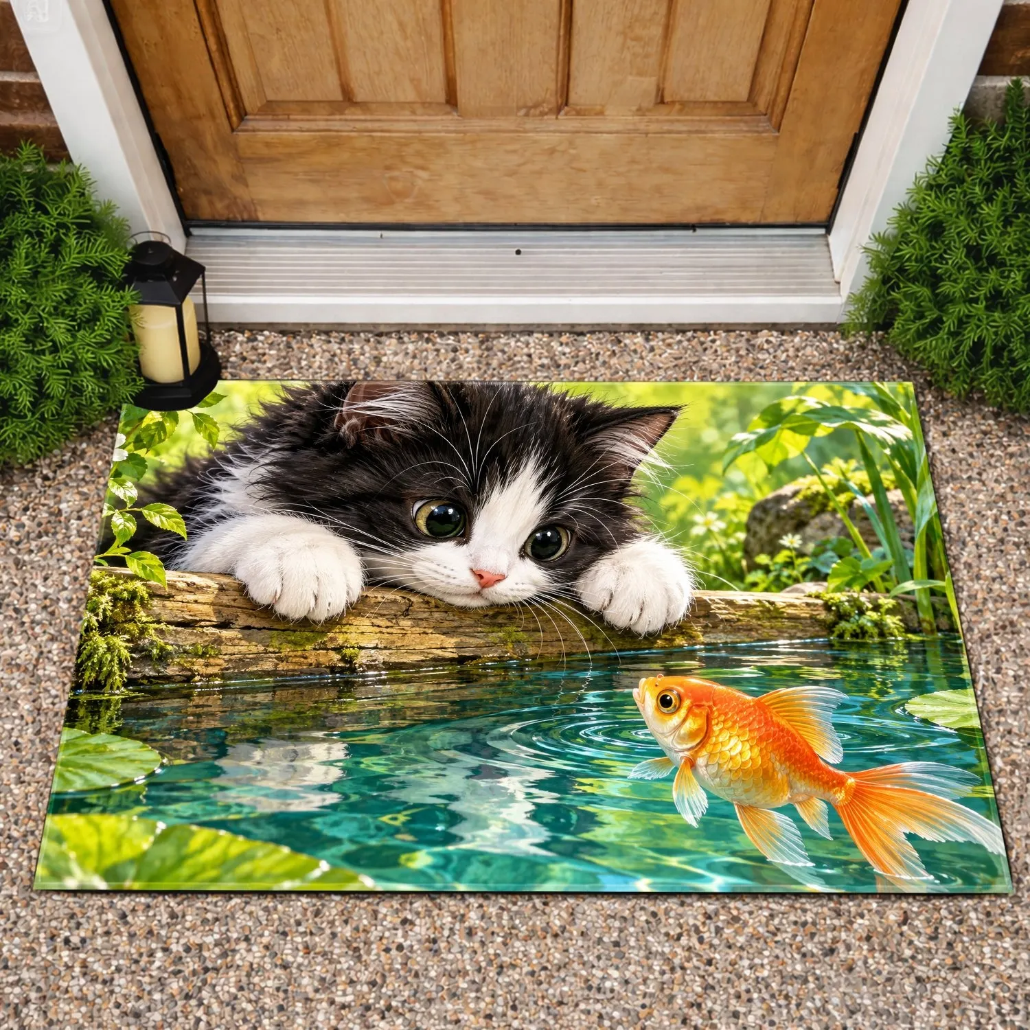 Cute Kitten And Goldfish Cat Lover Entryway Accent For Whimsical Home Decor Gift Idea Doormat - 1