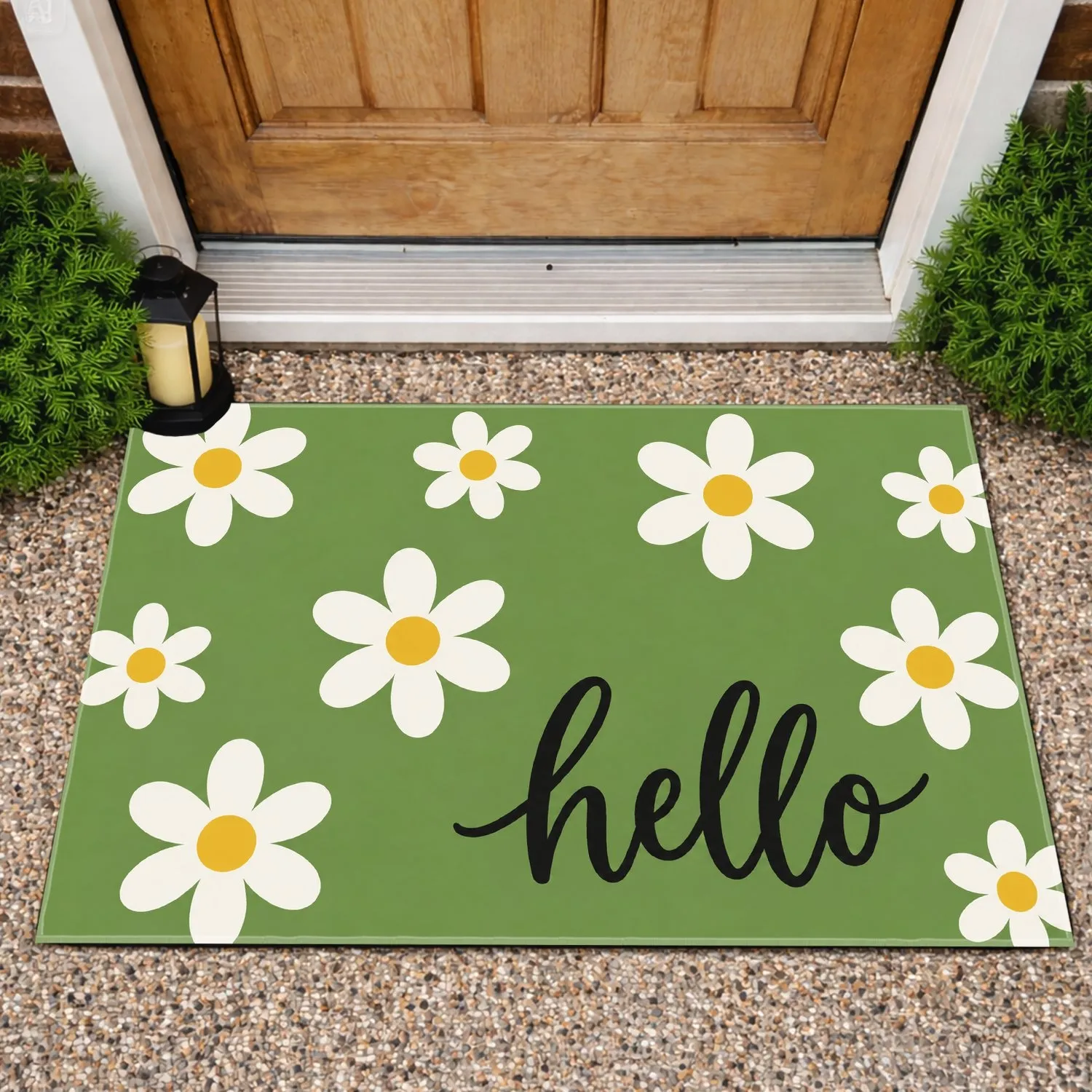 White Daisy Hello on Green Background for Cheerful Spring Entryway Home Decor Doormat - 1