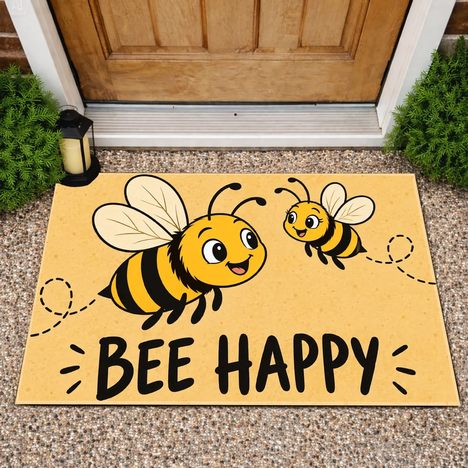 Two Cheerful Honeybees with Bee Happy Lettering for a Sunny, Welcoming Home Entry Doormat - 1