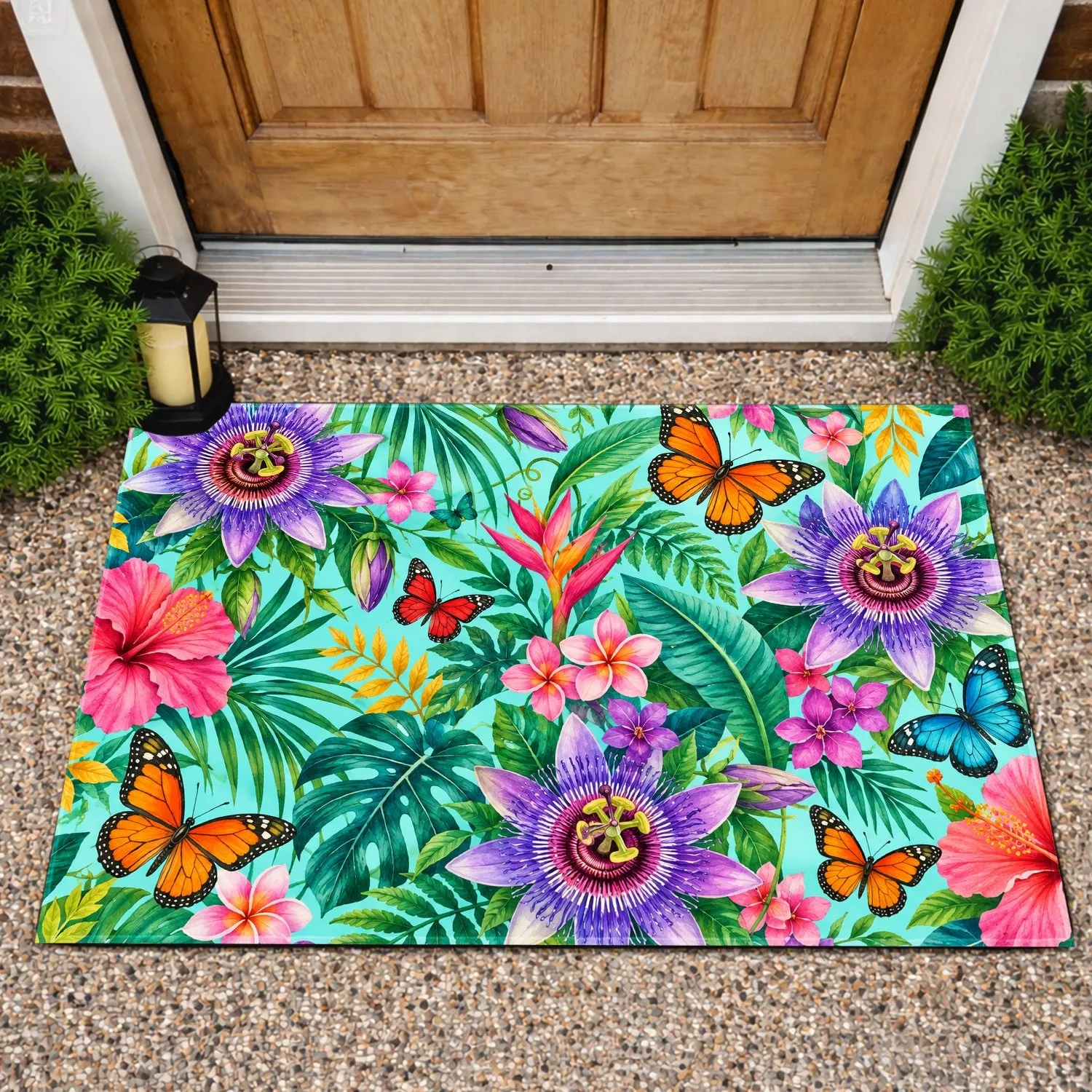Tropical Hibiscus And Butterfly Garden For Cheerful Indoor Outdoor Home Living Doormat - 1