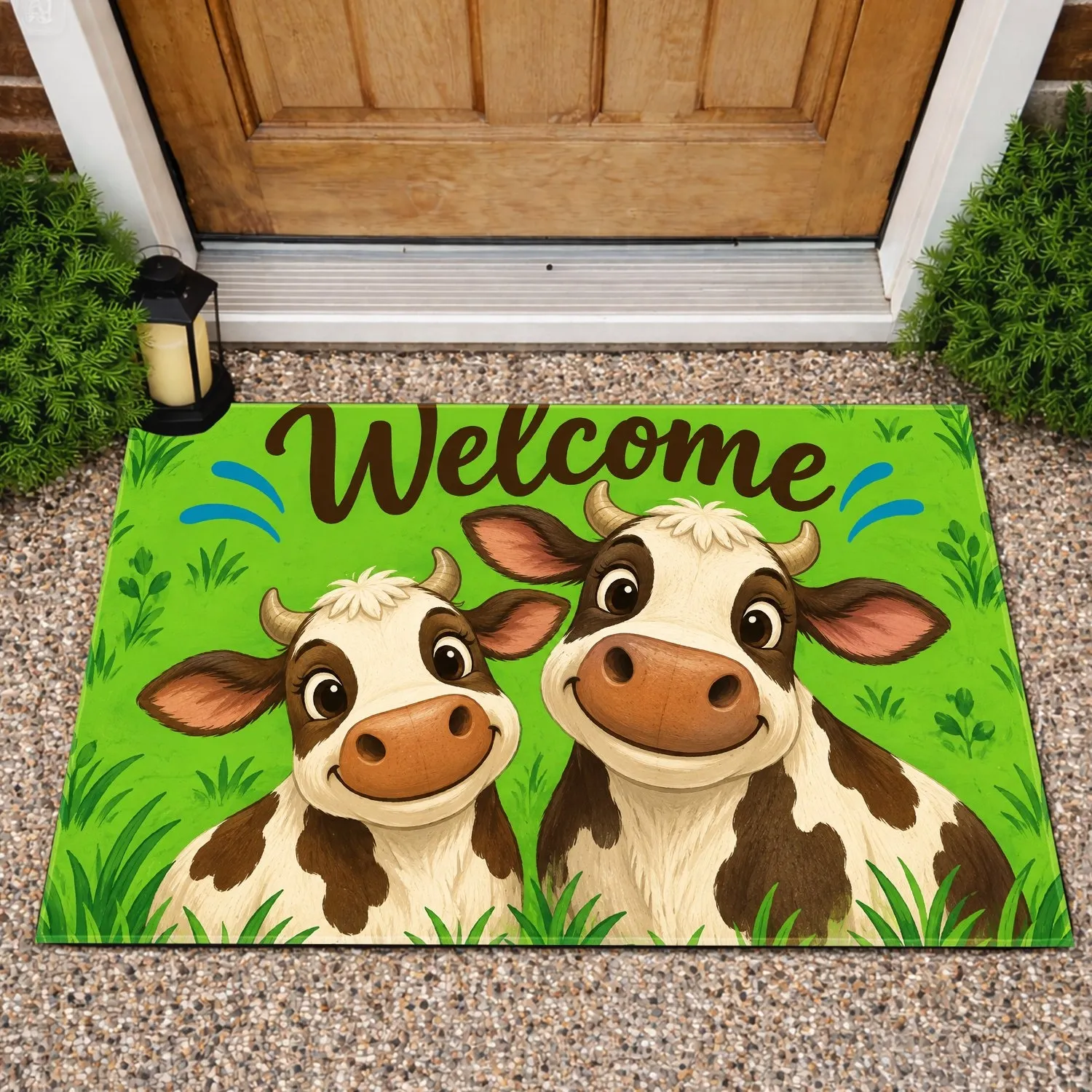 Smiling Cow Pair Welcome Sign for Cheerful Farmhouse Entryway and Country Home Style Doormat - 1