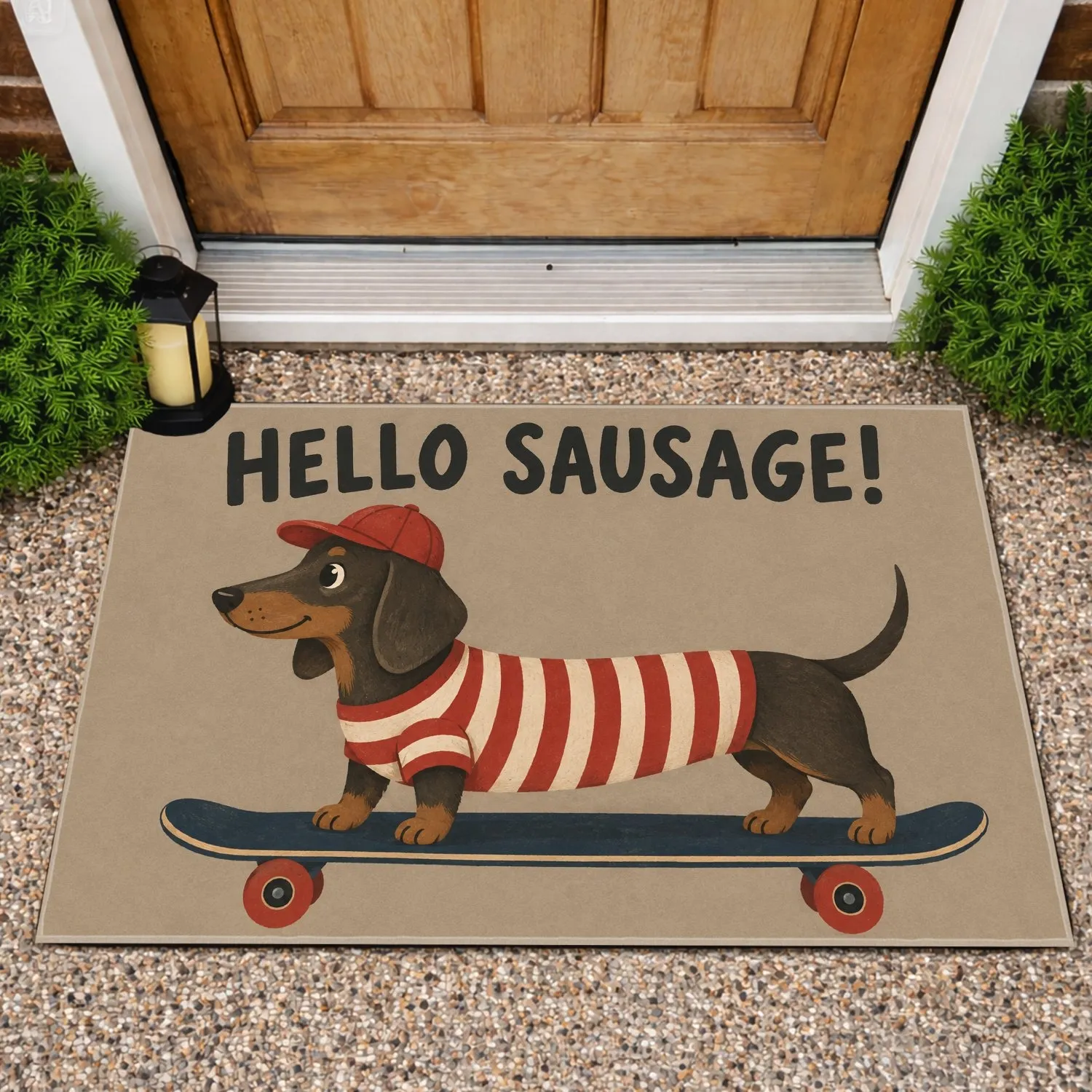 Dachshund Skateboarder With Red Striped Shirt for Quirky Dog Lover Homes Doormat - 1