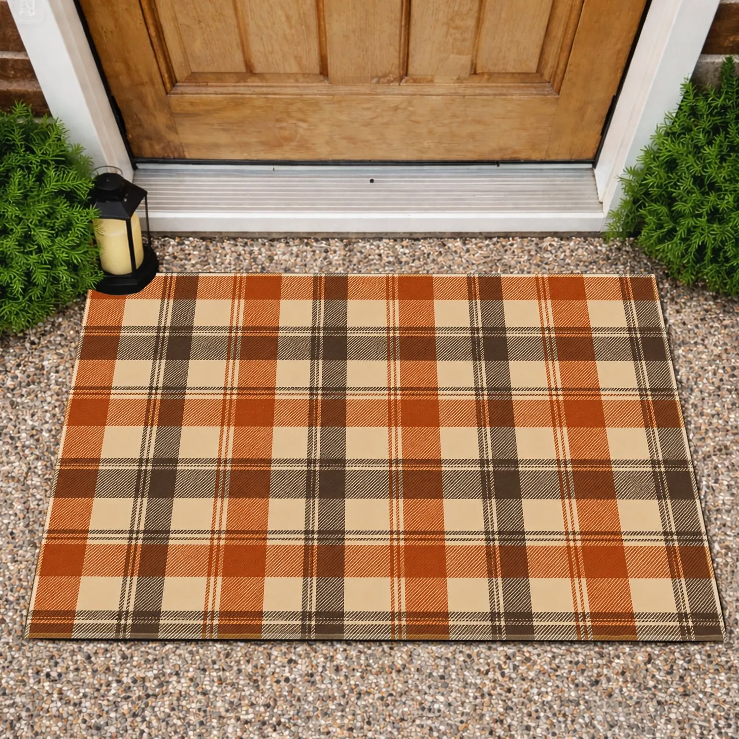 Autumn Beige And Burnt Orange Plaid For Cozy Thanksgiving Country Homes Doormat - 1