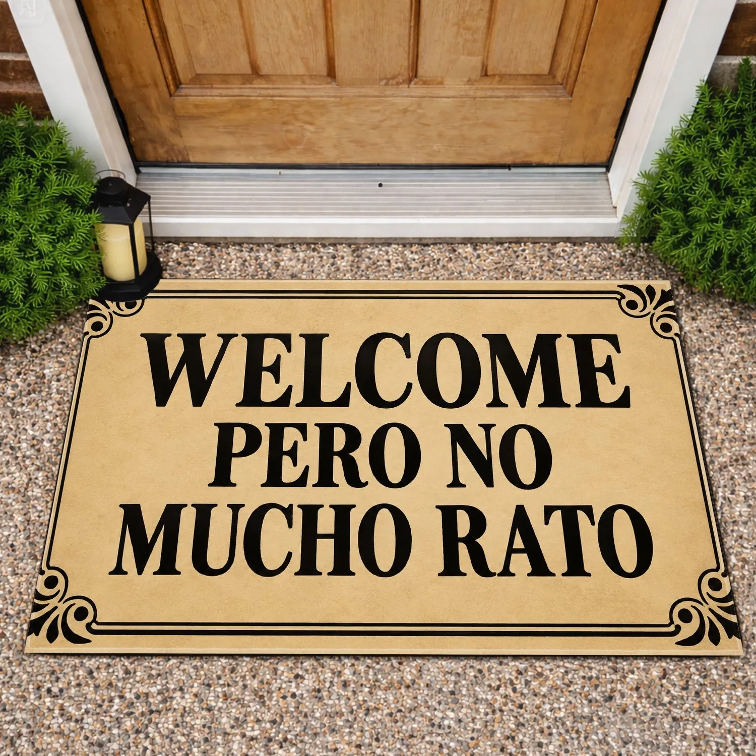 Spanish Welcome Saying with Ornate Black Flourishes for a Playful Entryway Home Doormat - 1