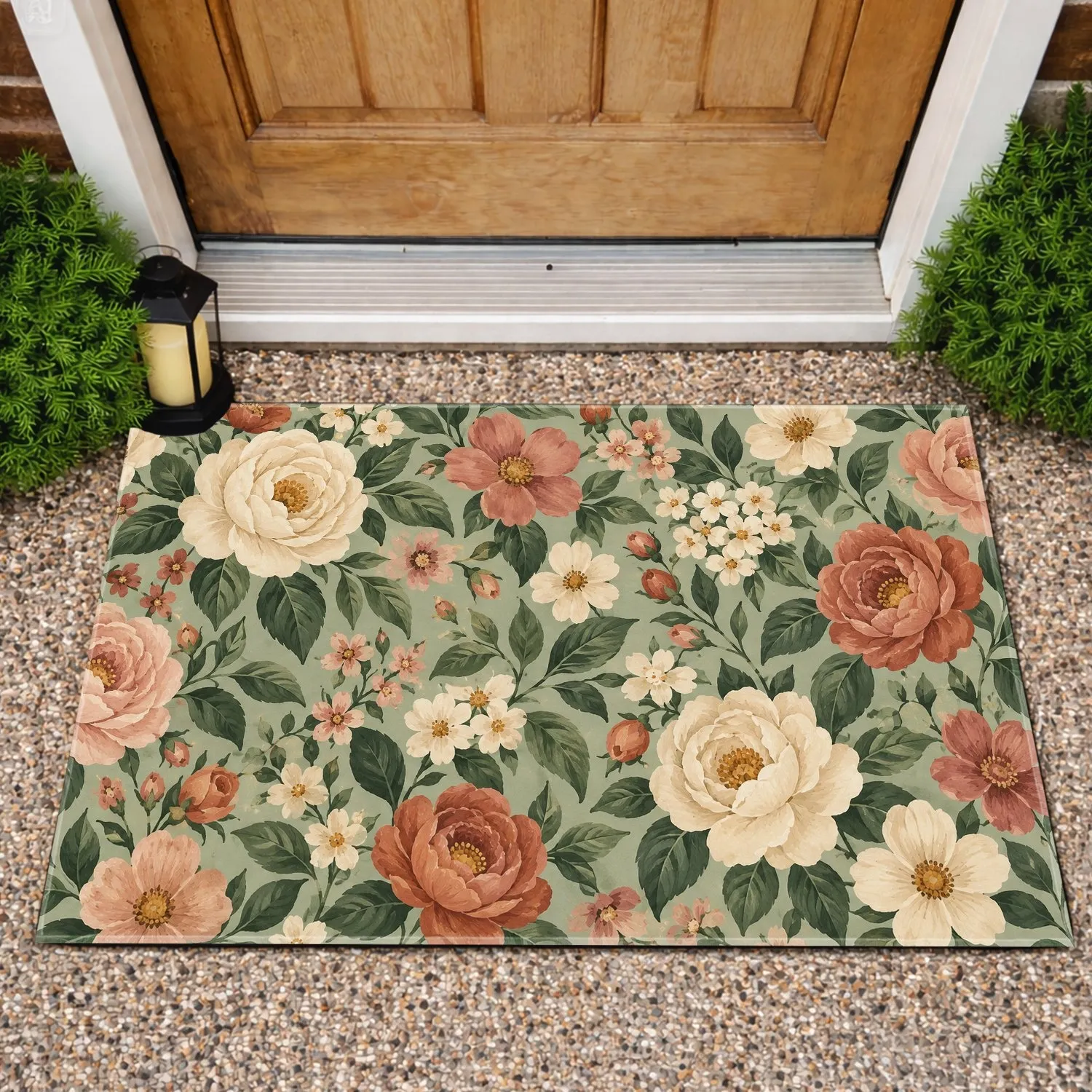 Muted Sage Floral Blooms for Calm Cottage Entryways and Cozy Everyday Home Living Doormat - 1