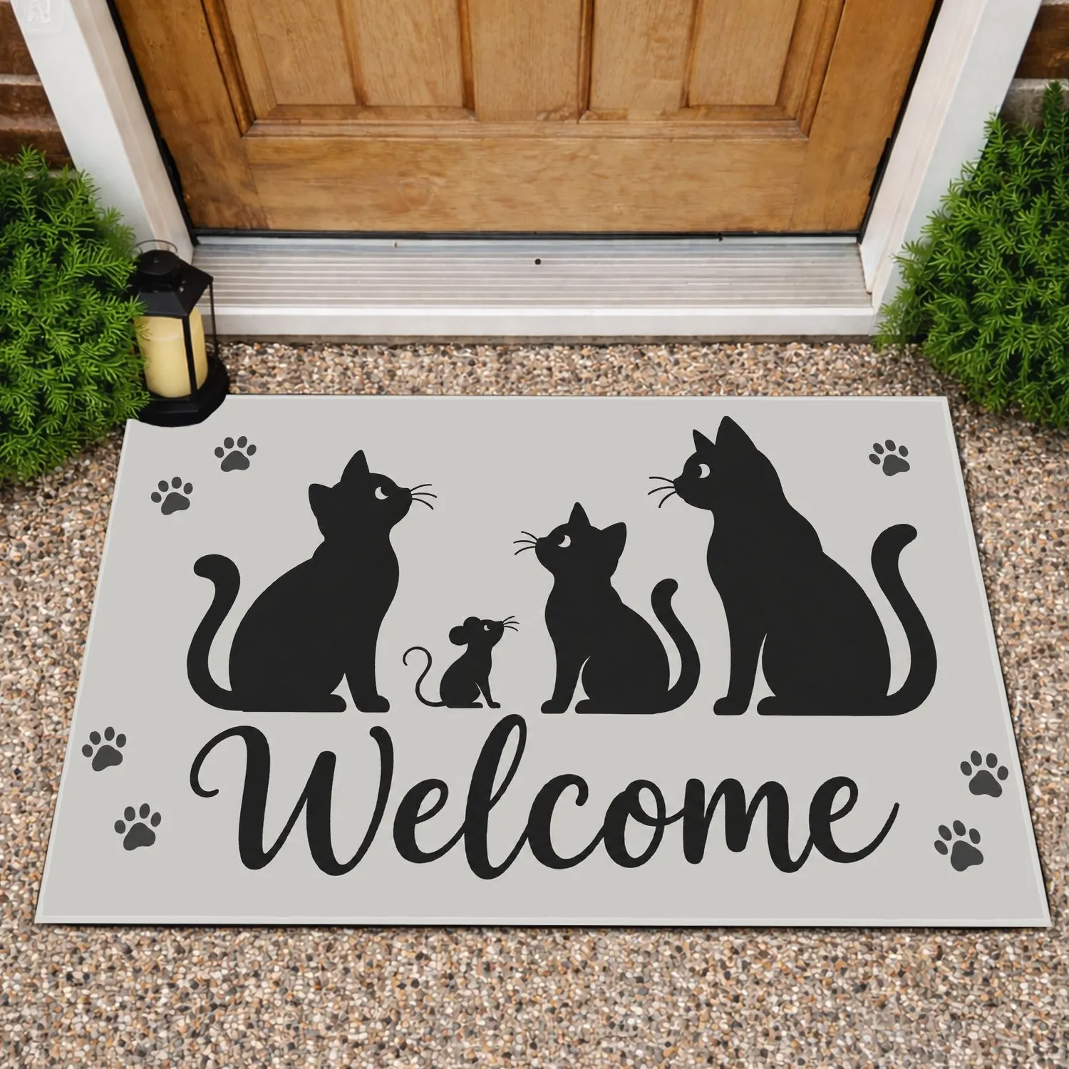 Black Cat Silhouettes and Mouse Welcome for Cat Lovers’ Entryway Housewarming Gift Doormat - 1