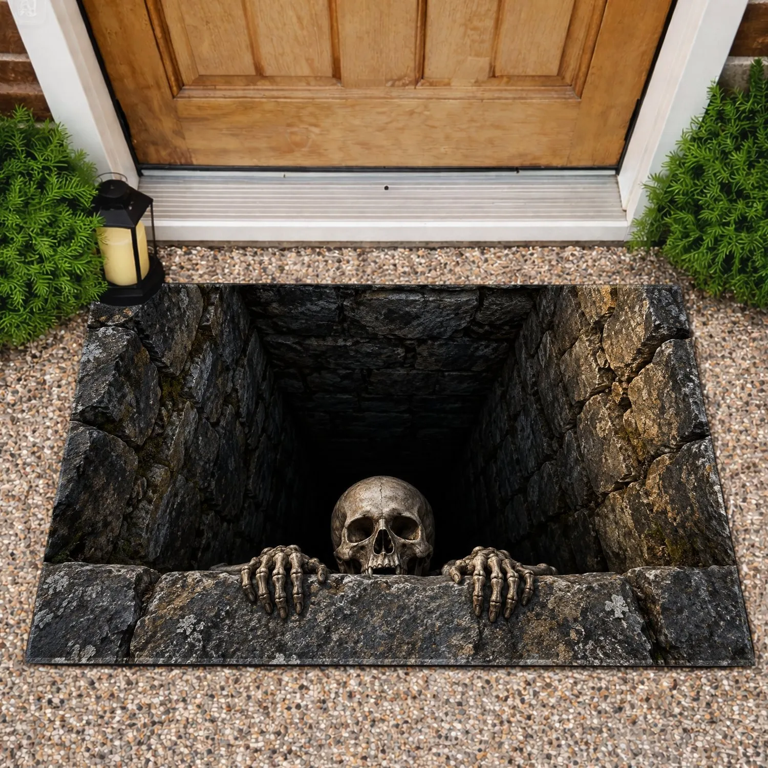 Stone Well Skeleton Optical Illusion for Spooky Halloween Entryways and Gothic Homes Doormat - 1