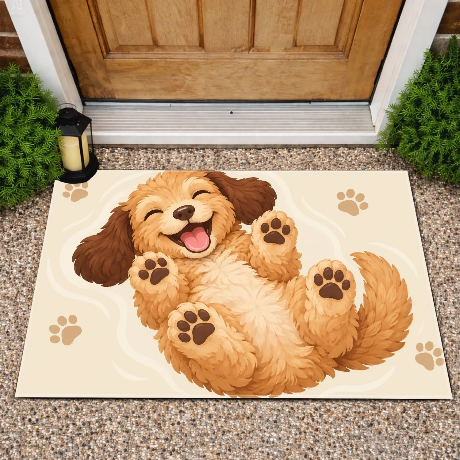 Laughing Golden Puppy Belly-Up for Cozy Bedroom Charm in Dog-Loving Homes Doormat - 1