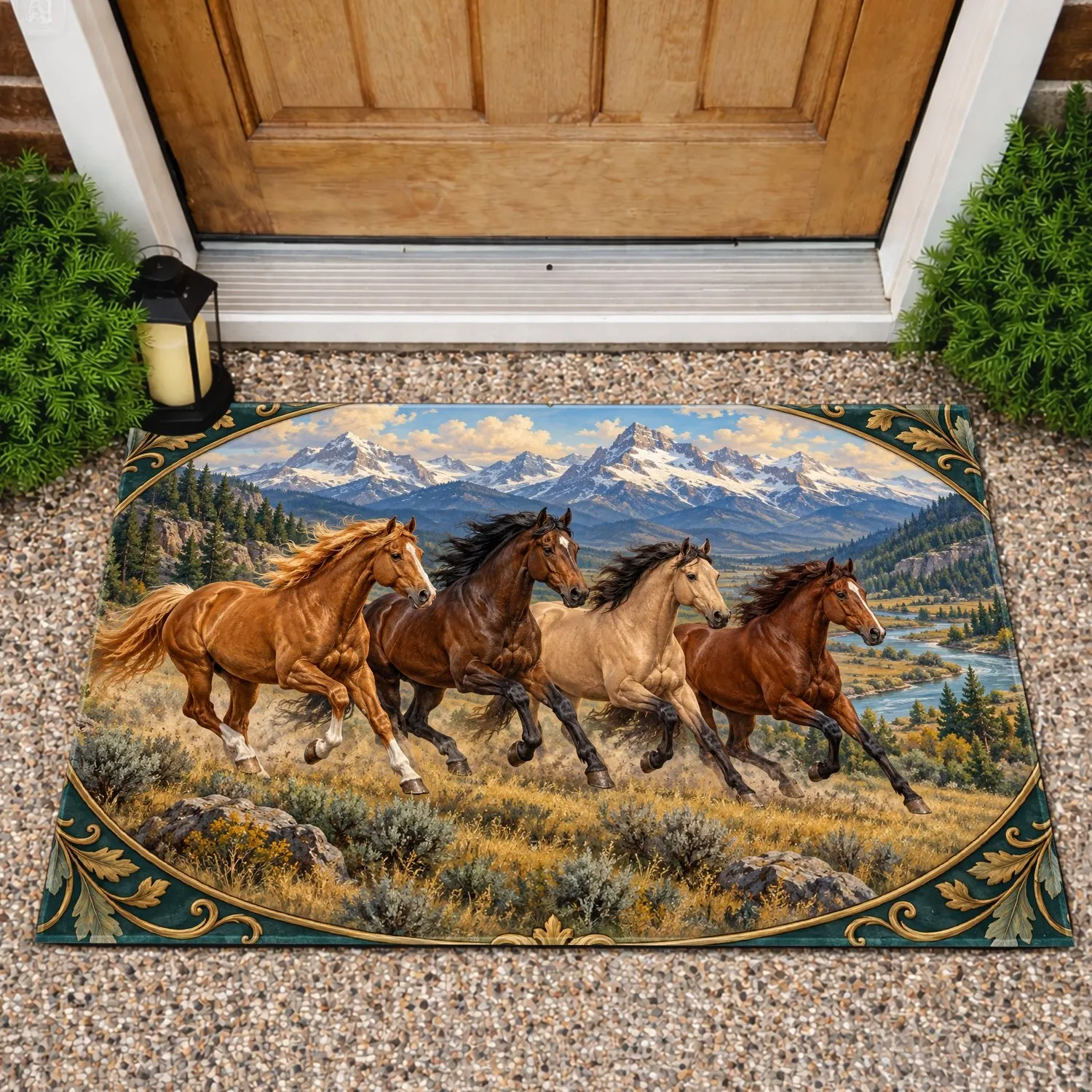 Four Running Horses Across Mountain Valleys for Rustic Western Country Home Style Doormat - 1