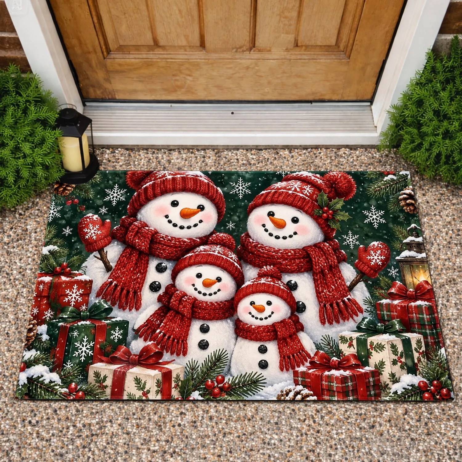 Snowman Family with Red Hats and Gifts for a Cheerful Christmas Winter Holiday Home Doormat - 1