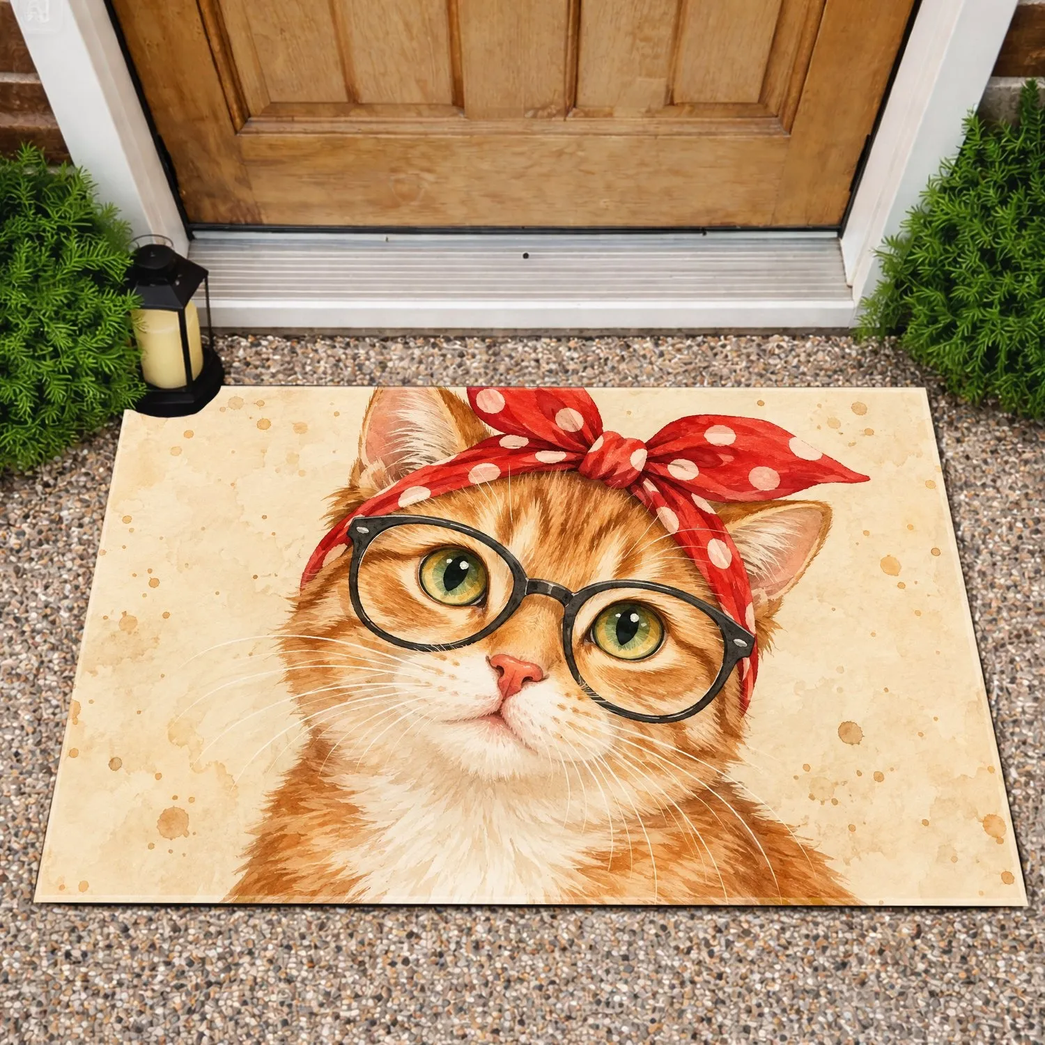 Orange Cat with Red Polka-Dot Scarf and Glasses for Cozy Cat-Loving Home Decor Fans Doormat - 1