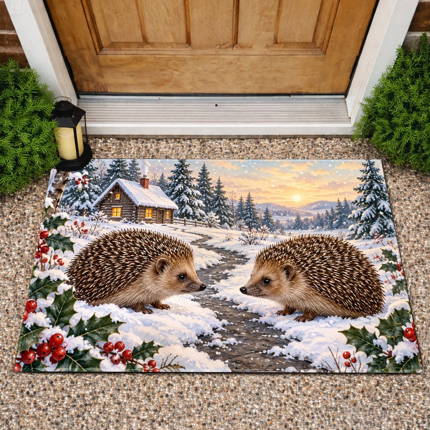 Winter Hedgehog Pair on Snowy Trail for Cozy Christmas Cabin and Holiday Home Style Doormat - 1