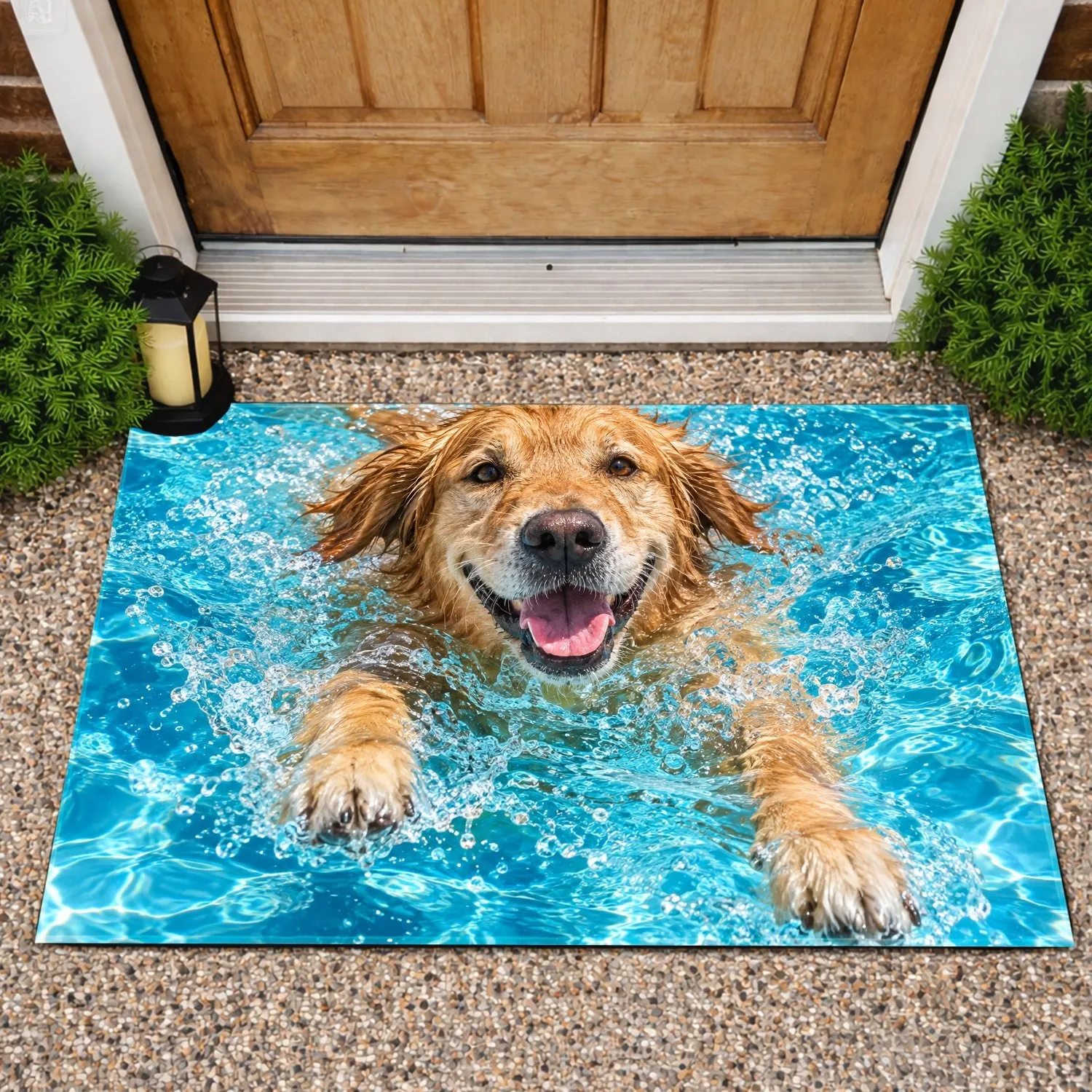 Golden Retriever Swimming in Blue Pool Water for Summer Fun and Happy Dog Lovers Doormat - 1