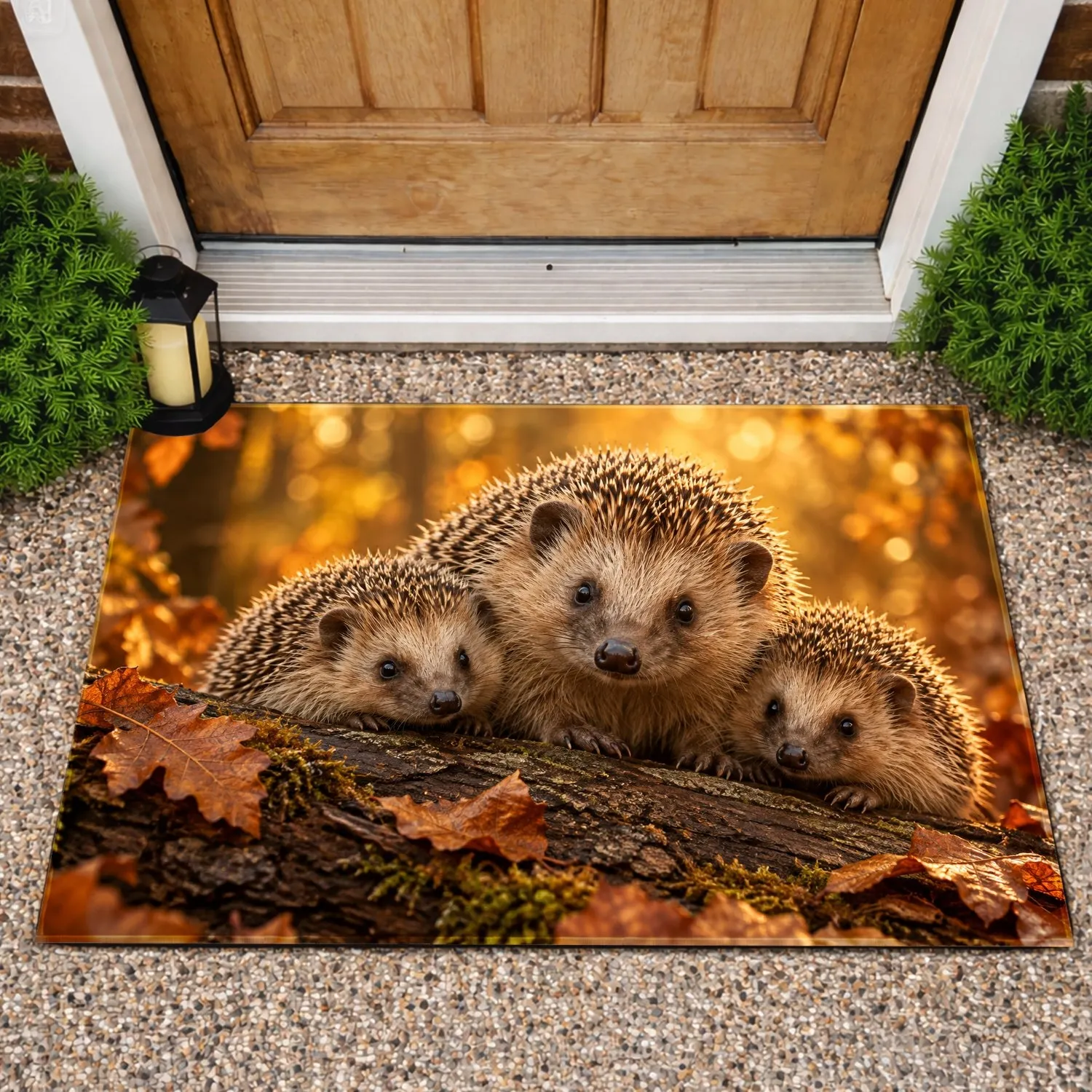 Hedgehog Family in Golden Autumn Light for Cozy Woodland Homes and Nature Lovers Doormat - 1