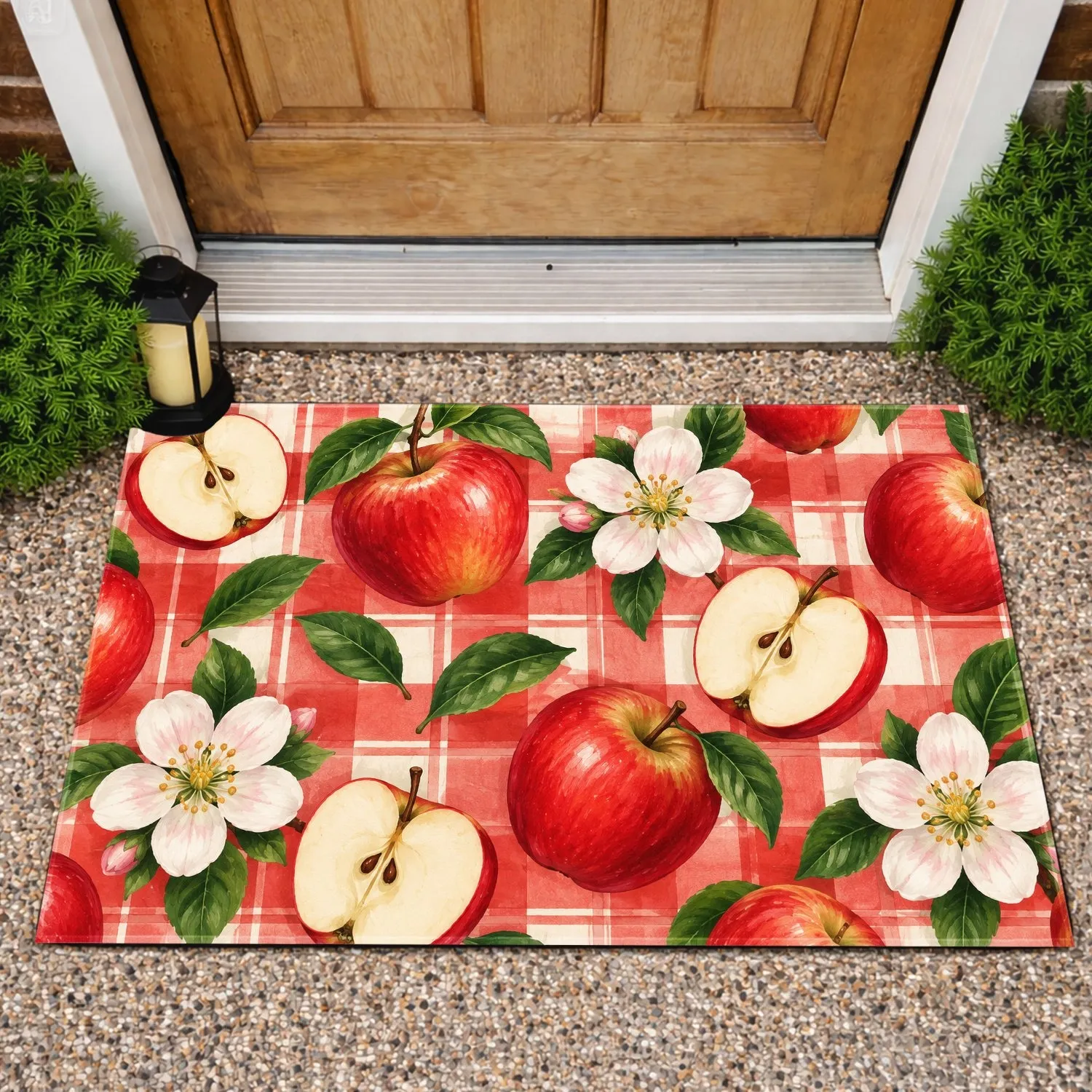 Red Plaid Apples and Blossoms for Cheerful Farmhouse Kitchen and Entryway Style Doormat - 1