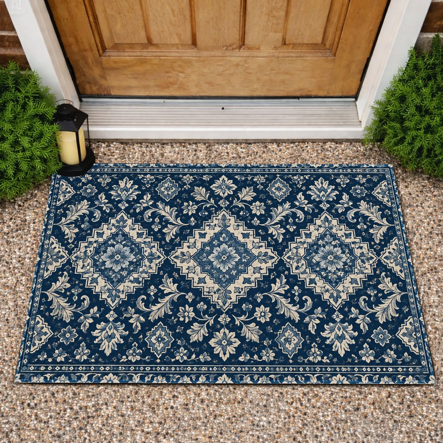 Distressed Navy Medallion Motifs for a Timeless Entryway and Classic Home Style Doormat - 1