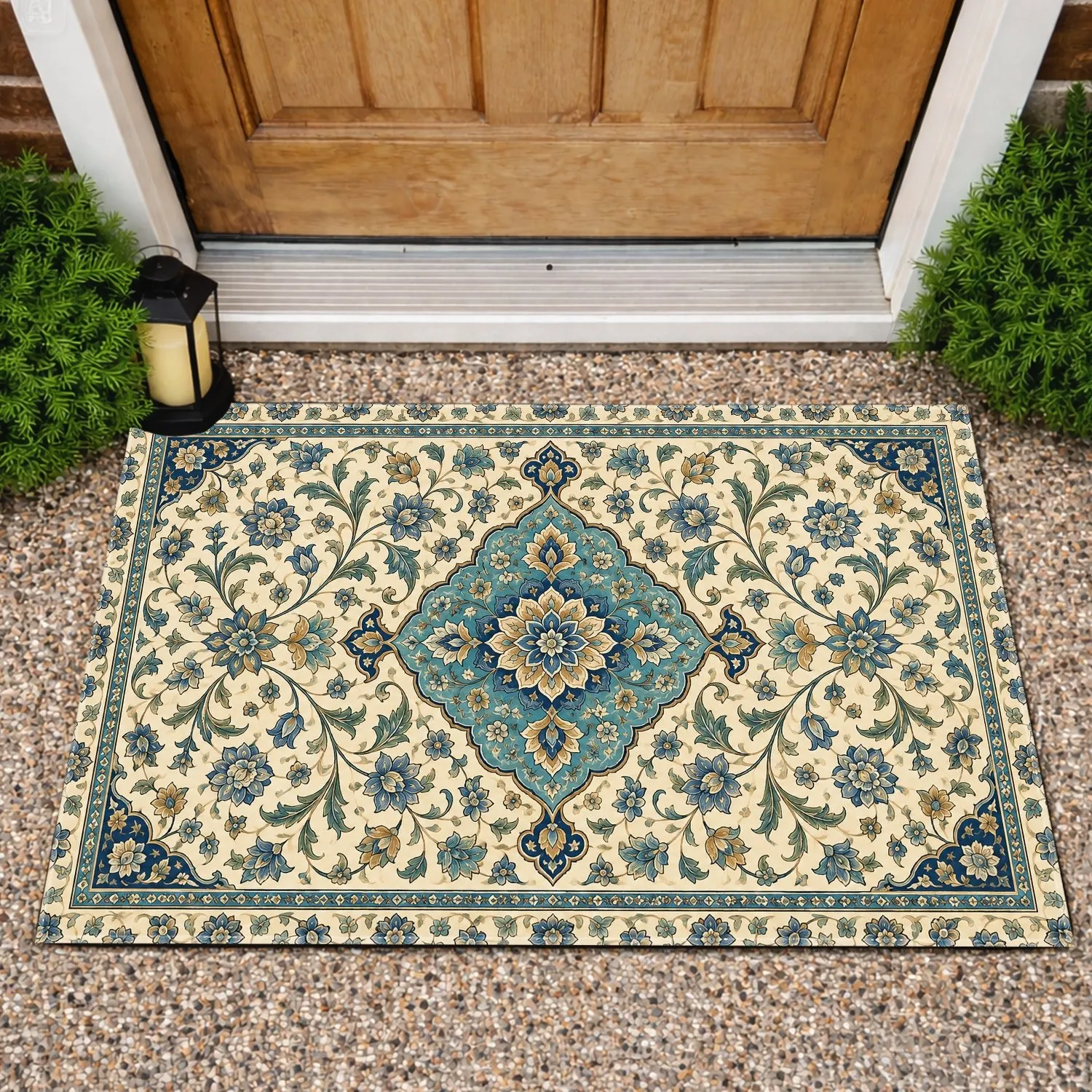 Persian Blue Floral Medallion Motif for Elegant Entryways and Timeless Home Style Doormat - 1