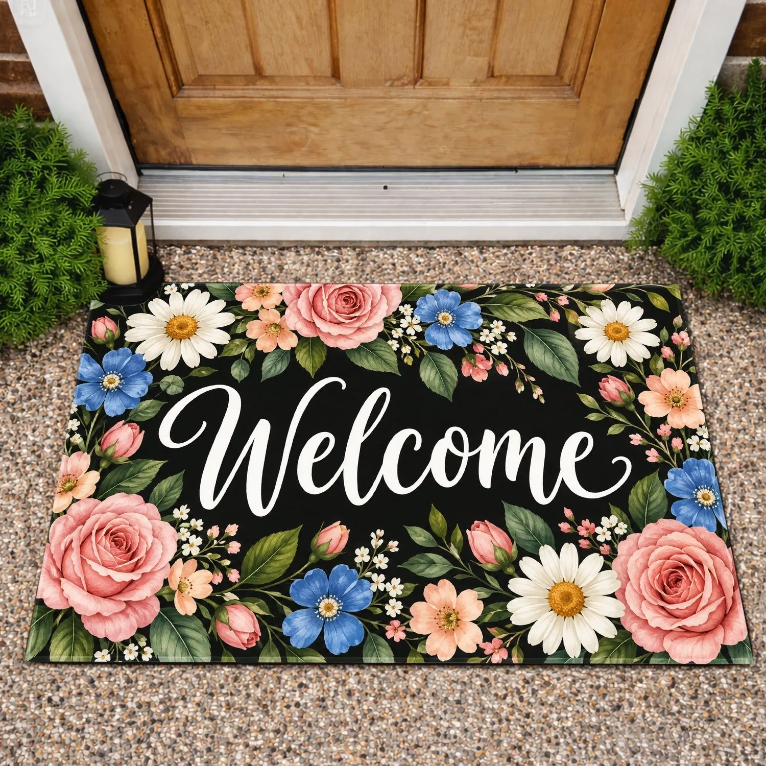 Floral Welcome Lettering With Colorful Garden Blooms for Housewarming Gifts Doormat - 1