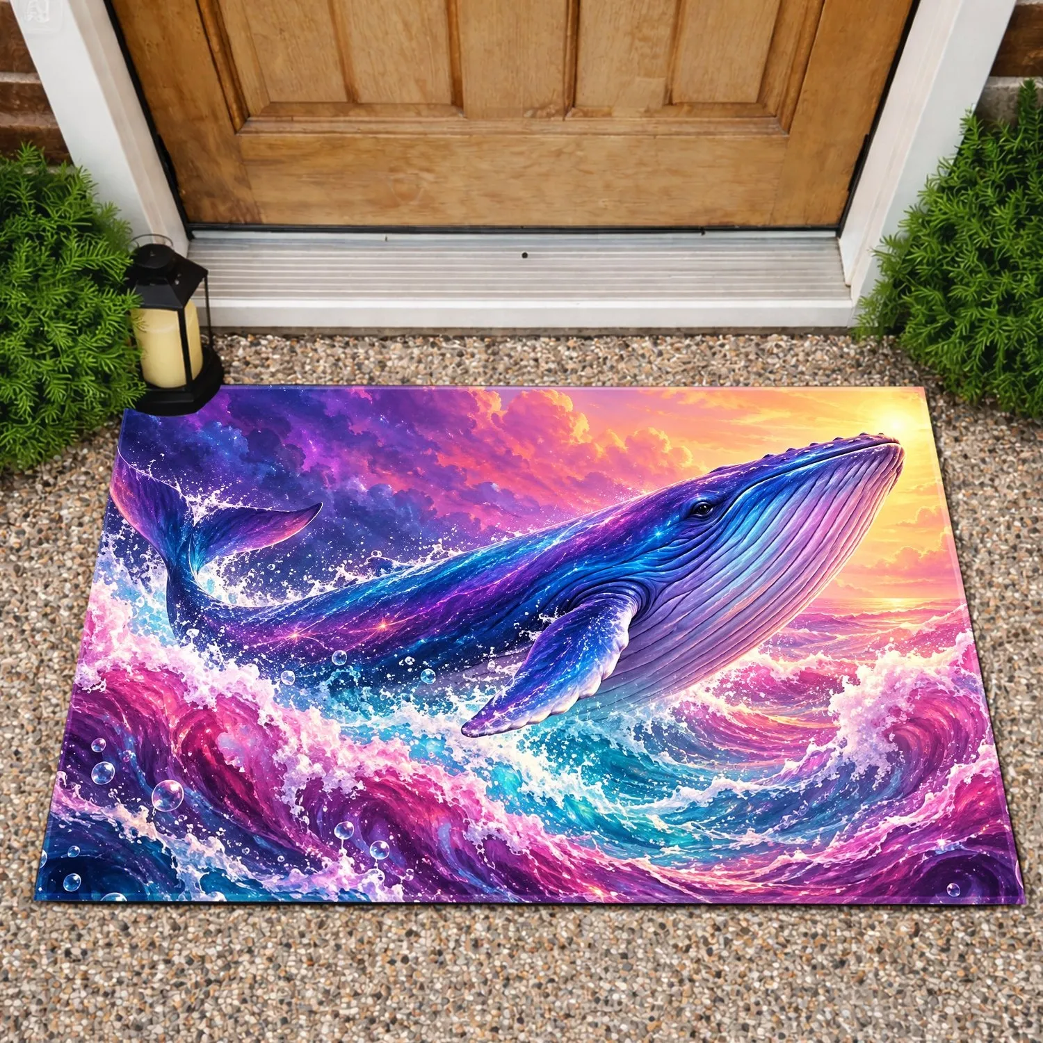 Rainbow Whale Ocean Scene for Colorful Coastal Home and Family Spaces Doormat - 1
