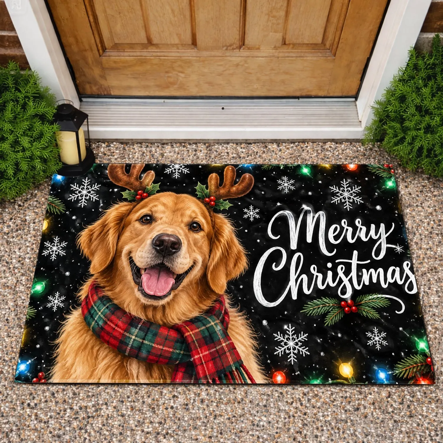 Golden Retriever With Antlers And Plaid Scarf For Merry Christmas Holiday Cheer Doormat - 1
