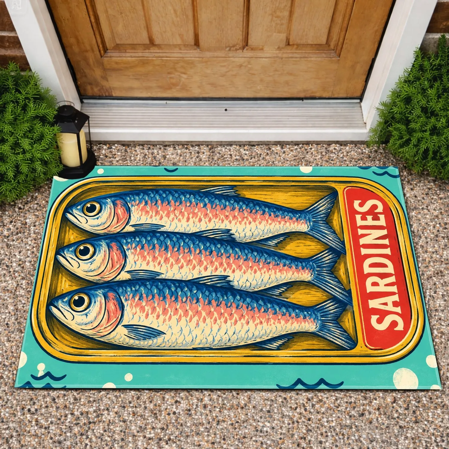 Vintage Sardine Tin With Three Fish for Coastal Kitchen Style and Seafood Lovers Doormat - 1