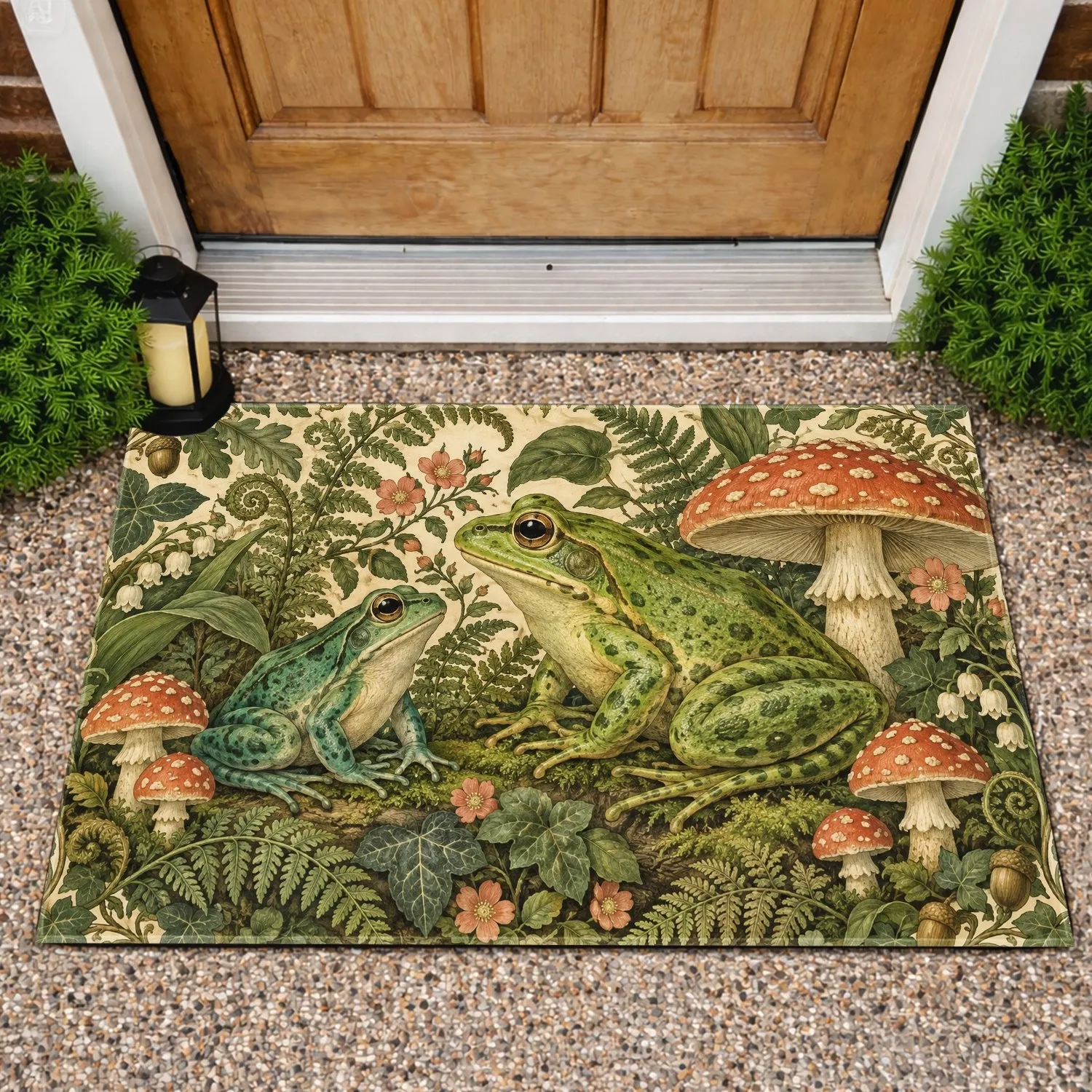 Vintage Green Frogs and Mushrooms for Whimsical Woodland Entryway Home Charm Doormat - 1