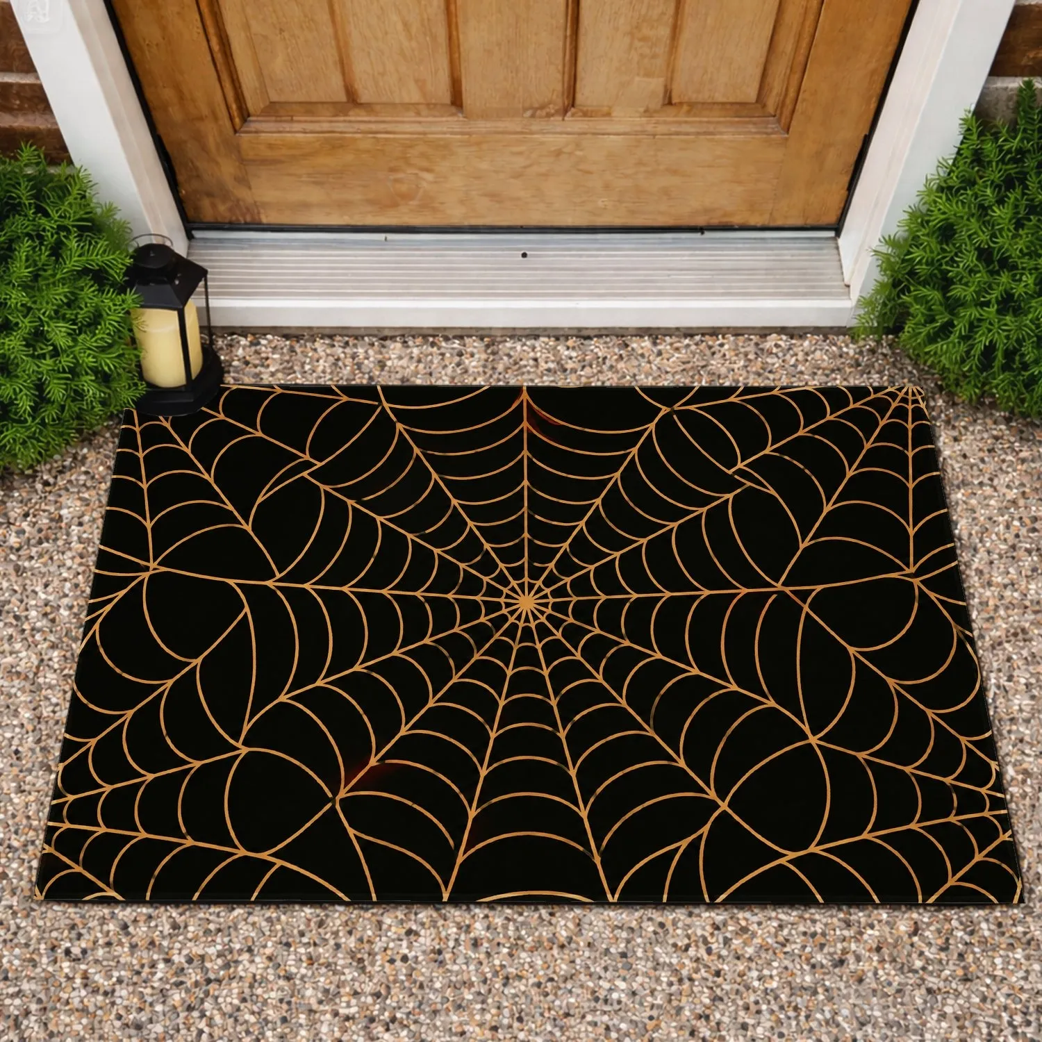 Golden Spiderweb Motifs on Midnight Black for a Cozy Halloween Entryway Seasonal Decor Doormat - 1