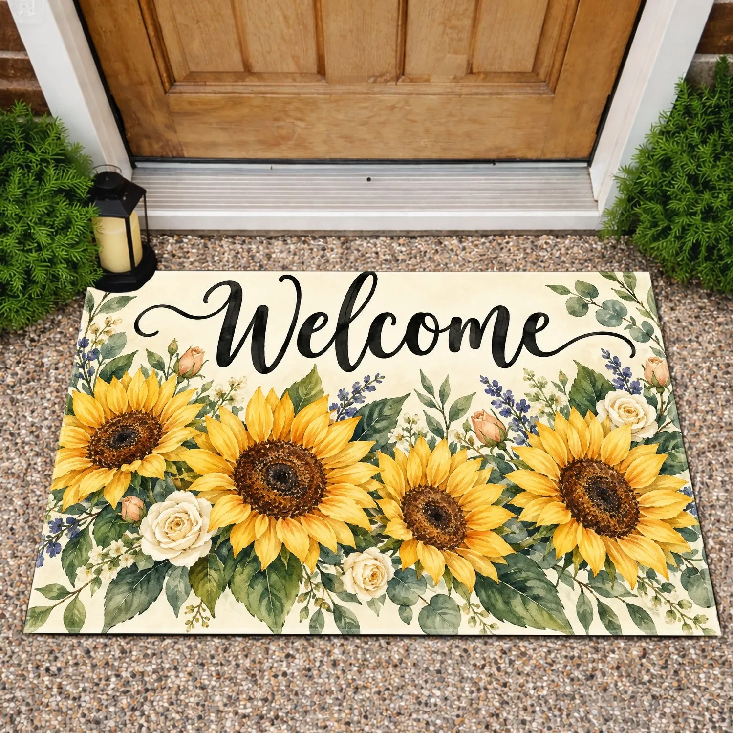 Watercolor Sunflower Welcome Floral Bouquet for a Cheerful Country Home Entrance Doormat - 1
