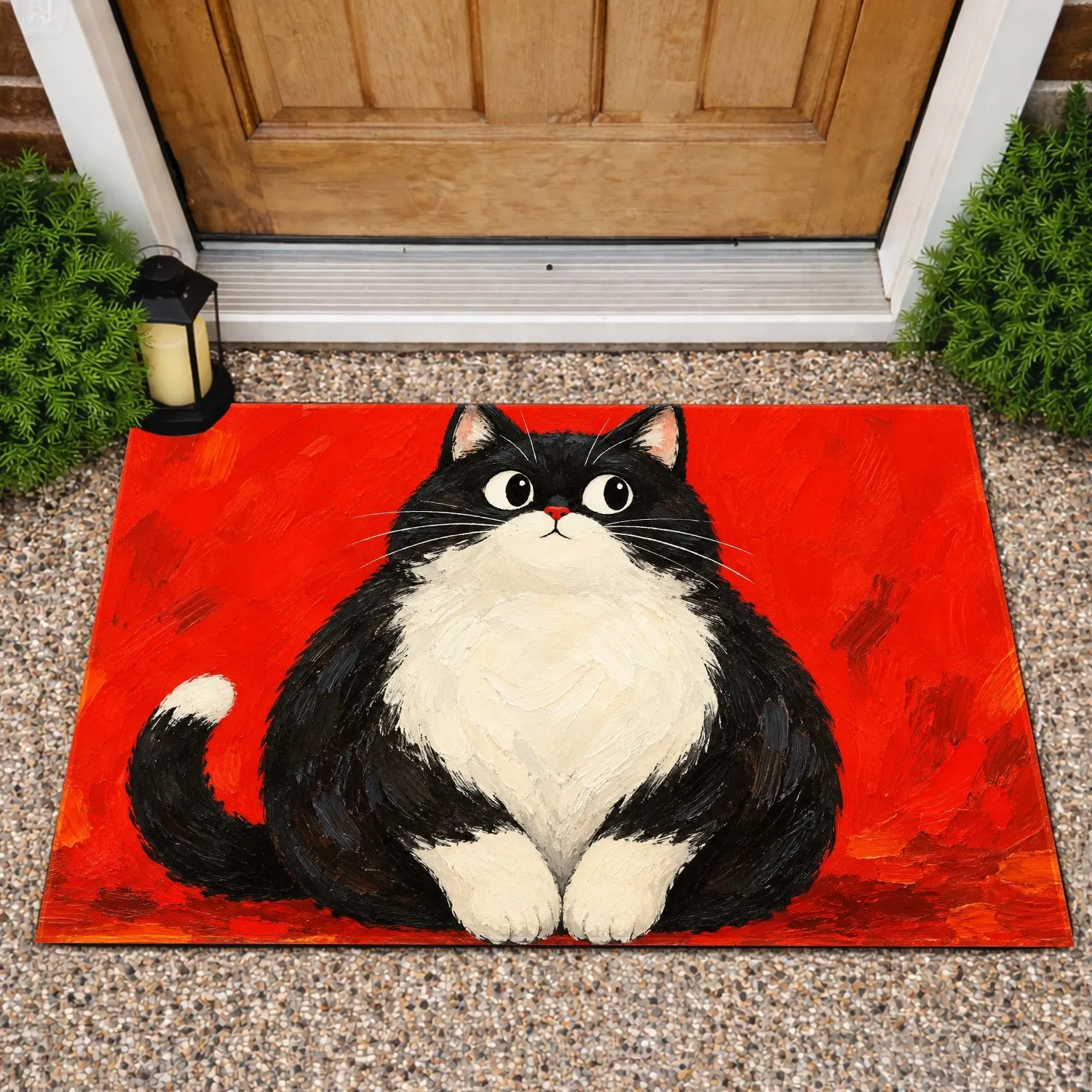 Black And White Cat On Vivid Red Ground For Playful Cat Lover Home Entryway Decor Doormat - 1