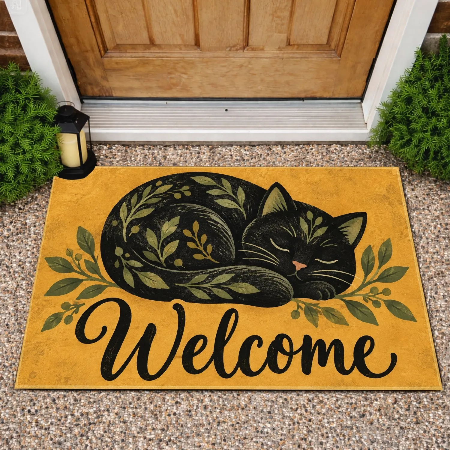 Sleeping Black Cat Welcome Motif for Cozy Entryway Style, A Gift for Cat Lovers Doormat - 1