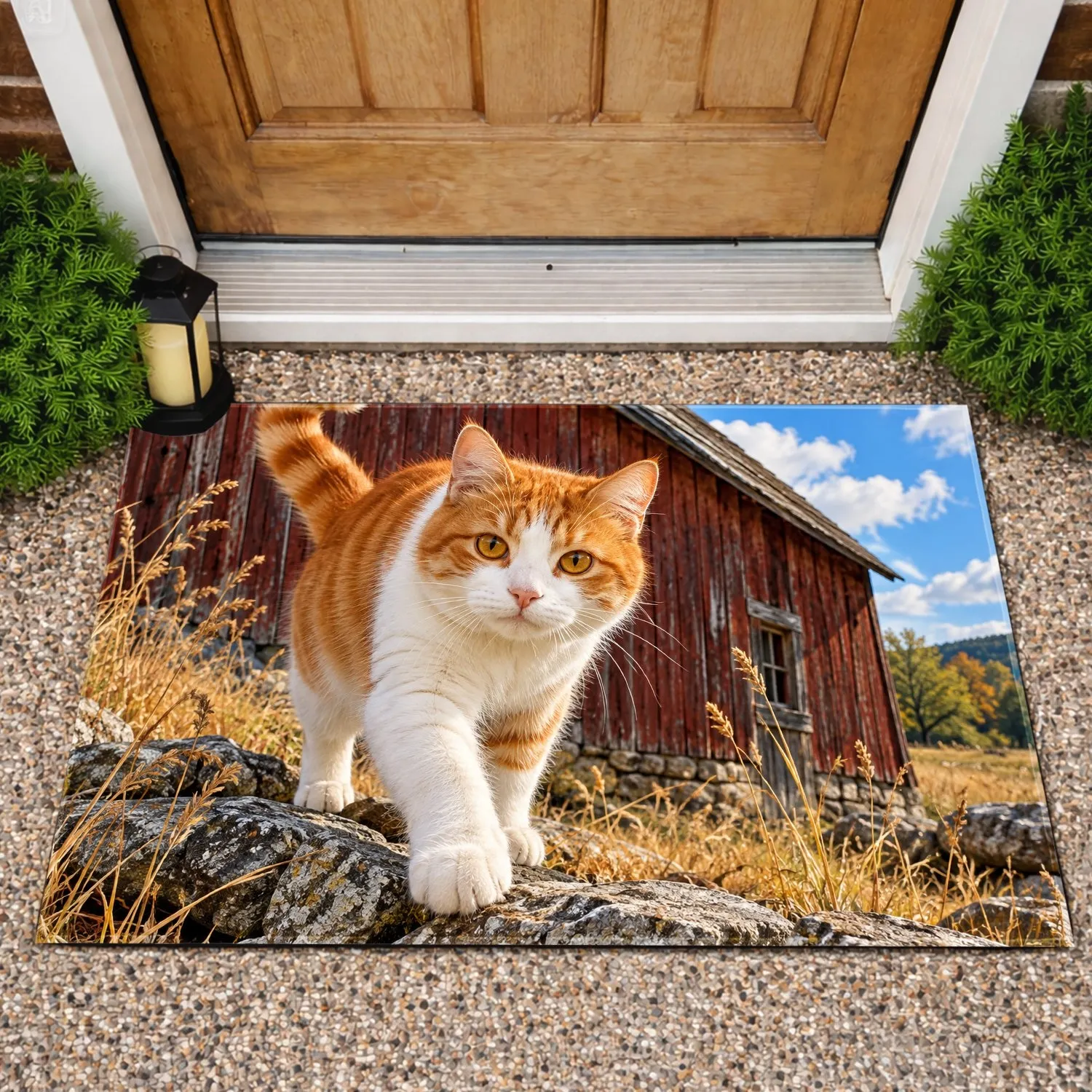 Orange and White Cat Exploring Rustic Barnyard Rocks for Cozy Country Style Living Doormat - 1