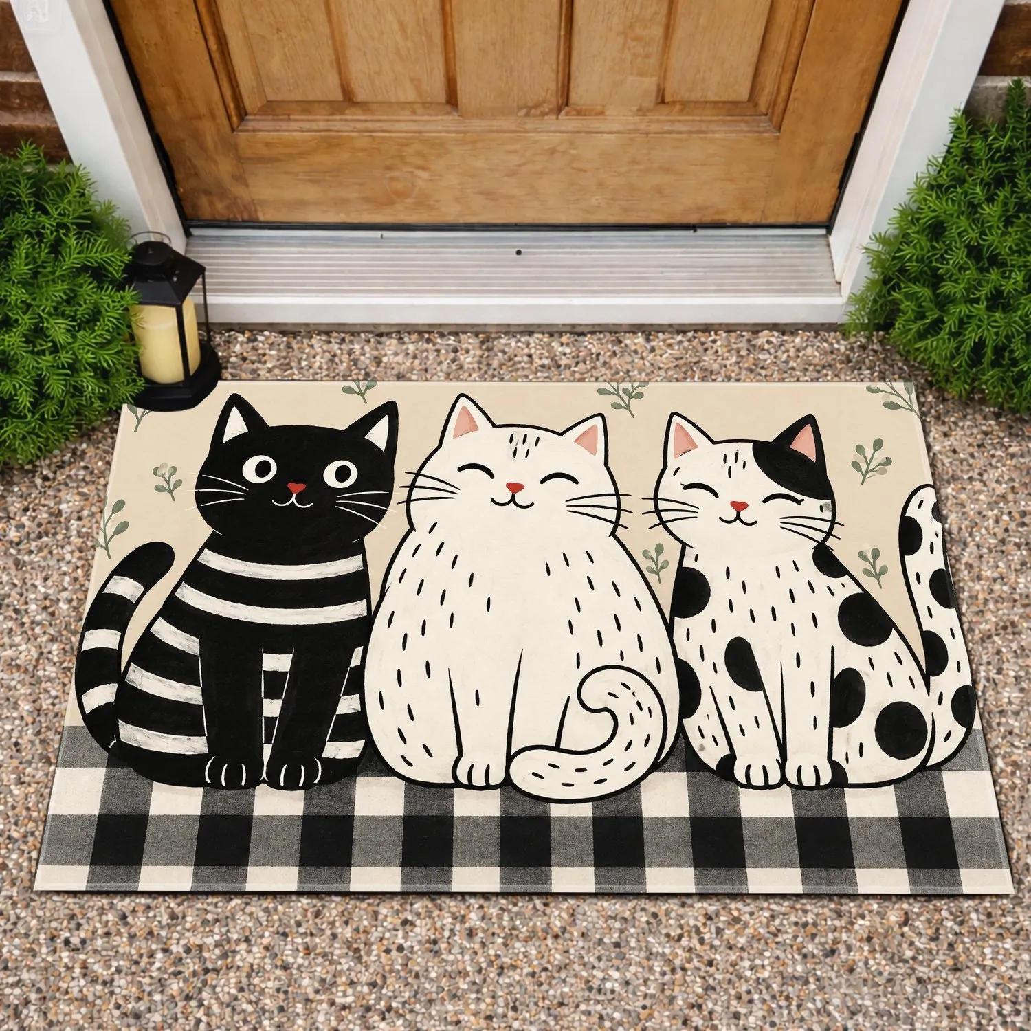 Three Charming Cats with Farmhouse Gingham for Cozy Cat Lover Home Entryway Decor Doormat - 1