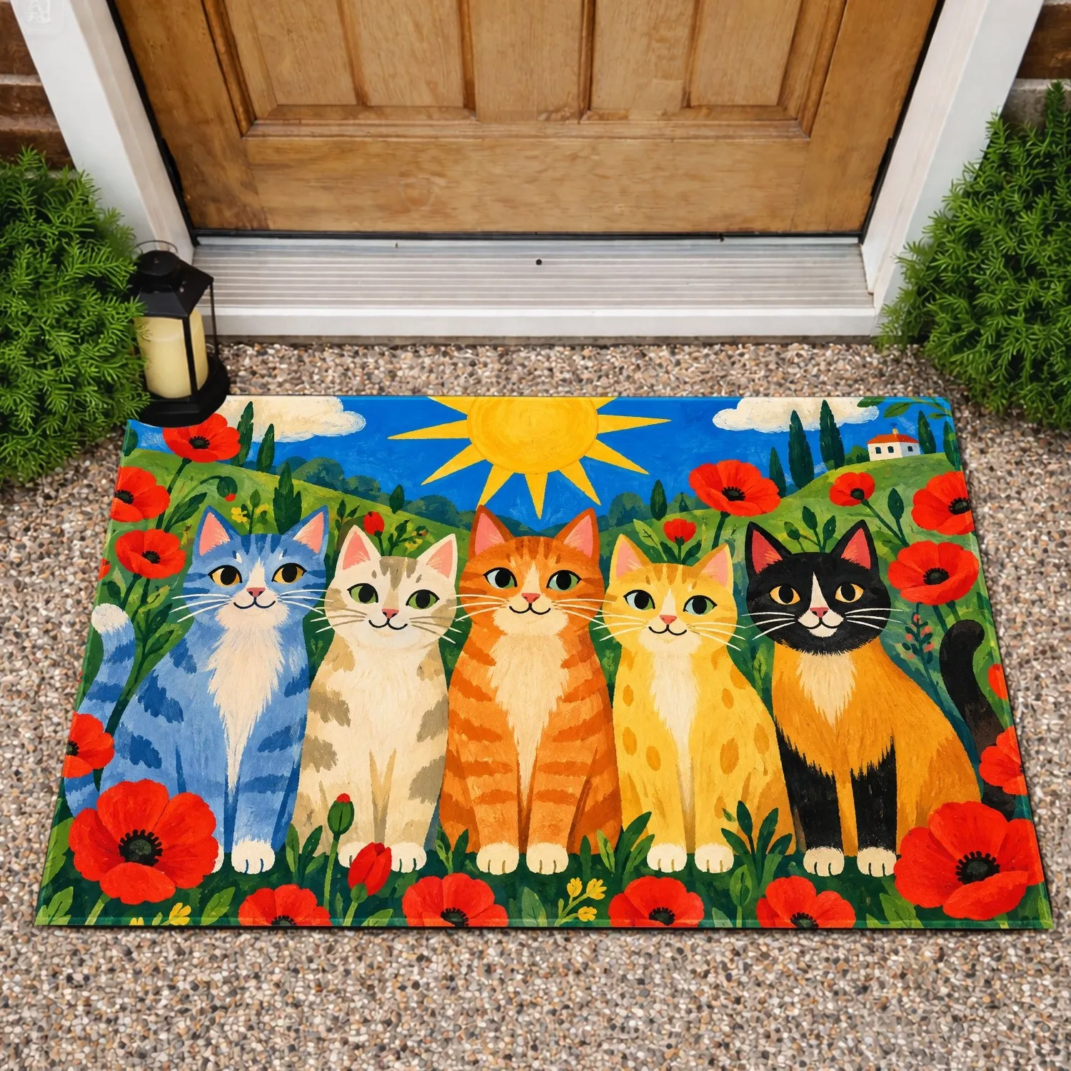 Five Colorful Cats Beneath a Golden Sun for Cheerful Cat Lover Home and Garden Style Doormat - 1