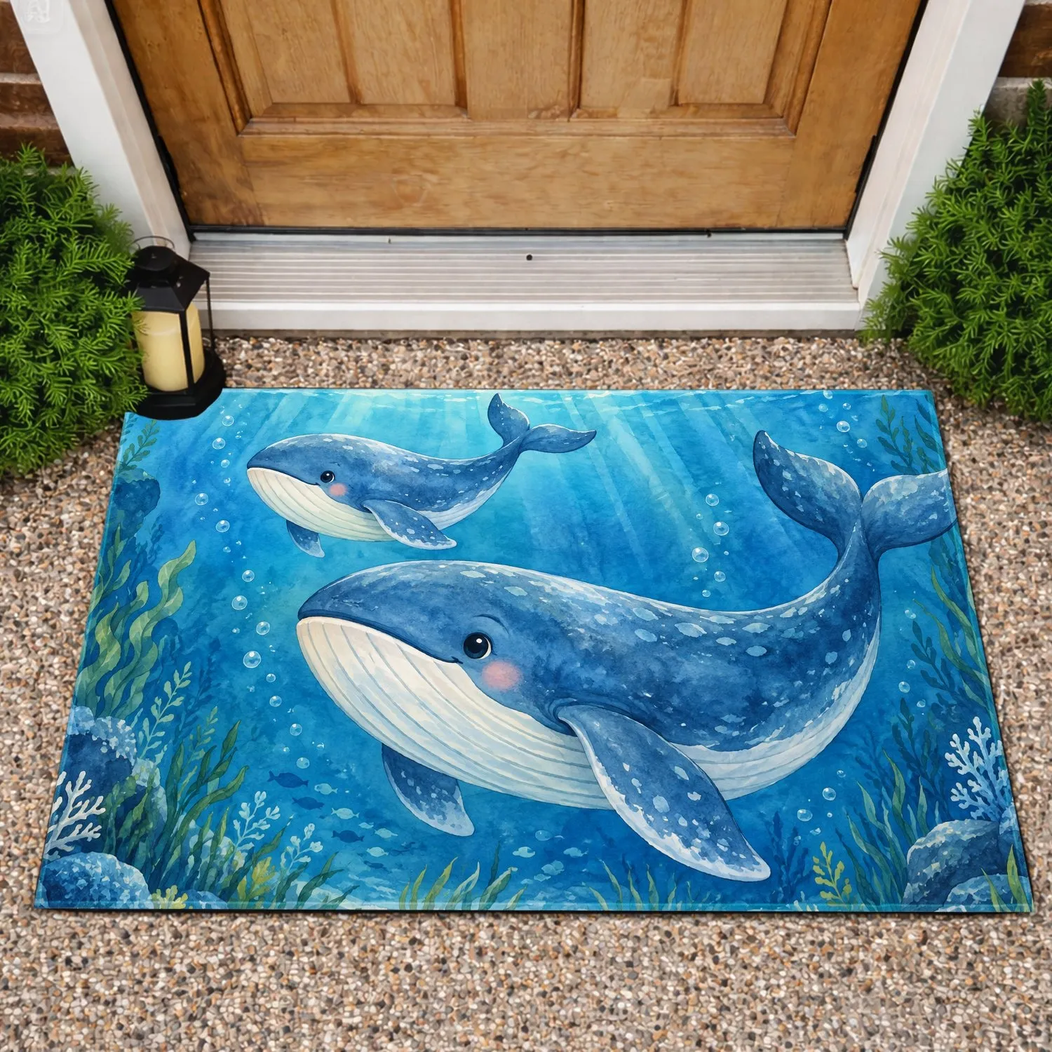 Blue Whale Pair Swimming Through Ocean Waves for Calm Coastal Living and Sea Life Lovers Doormat - 1