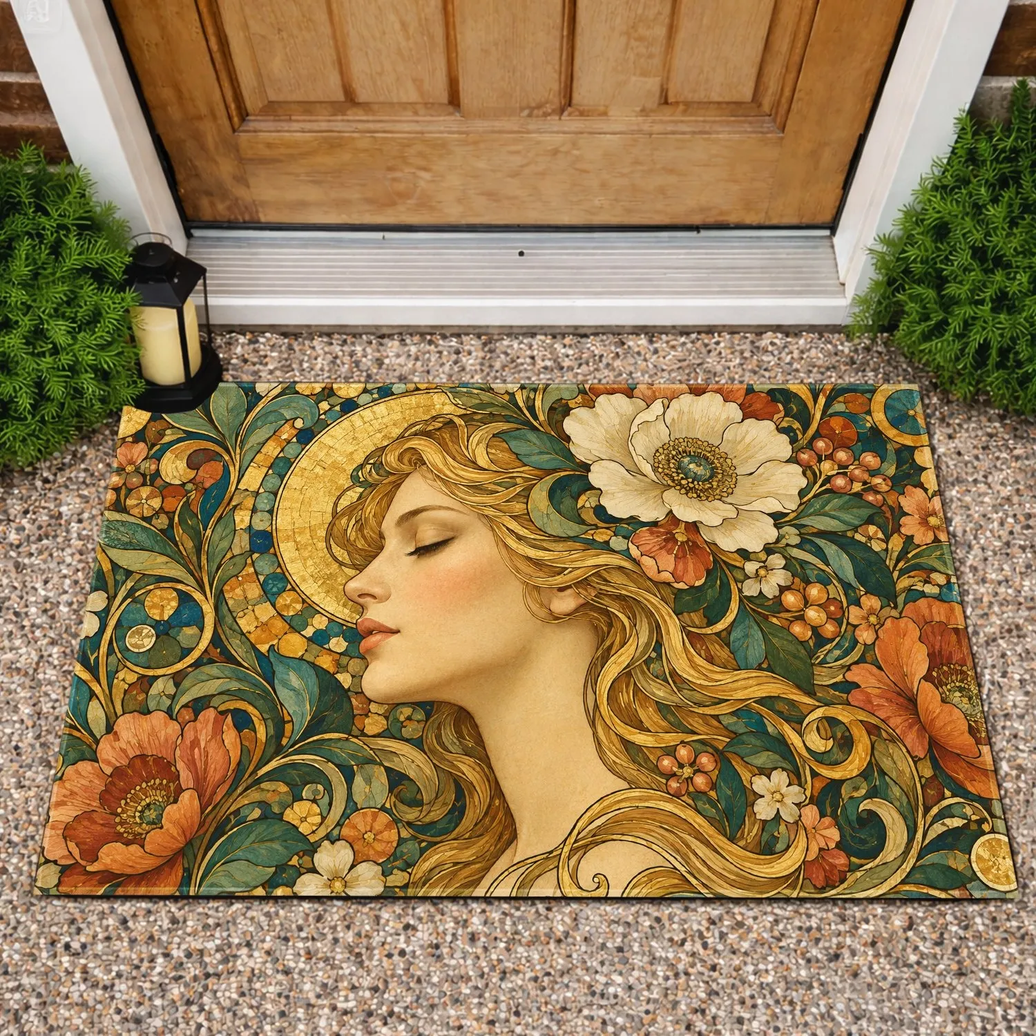 Golden Art Nouveau Woman with Floral Mosaic Details for a Warm, Artistic Home Welcome Doormat - 1
