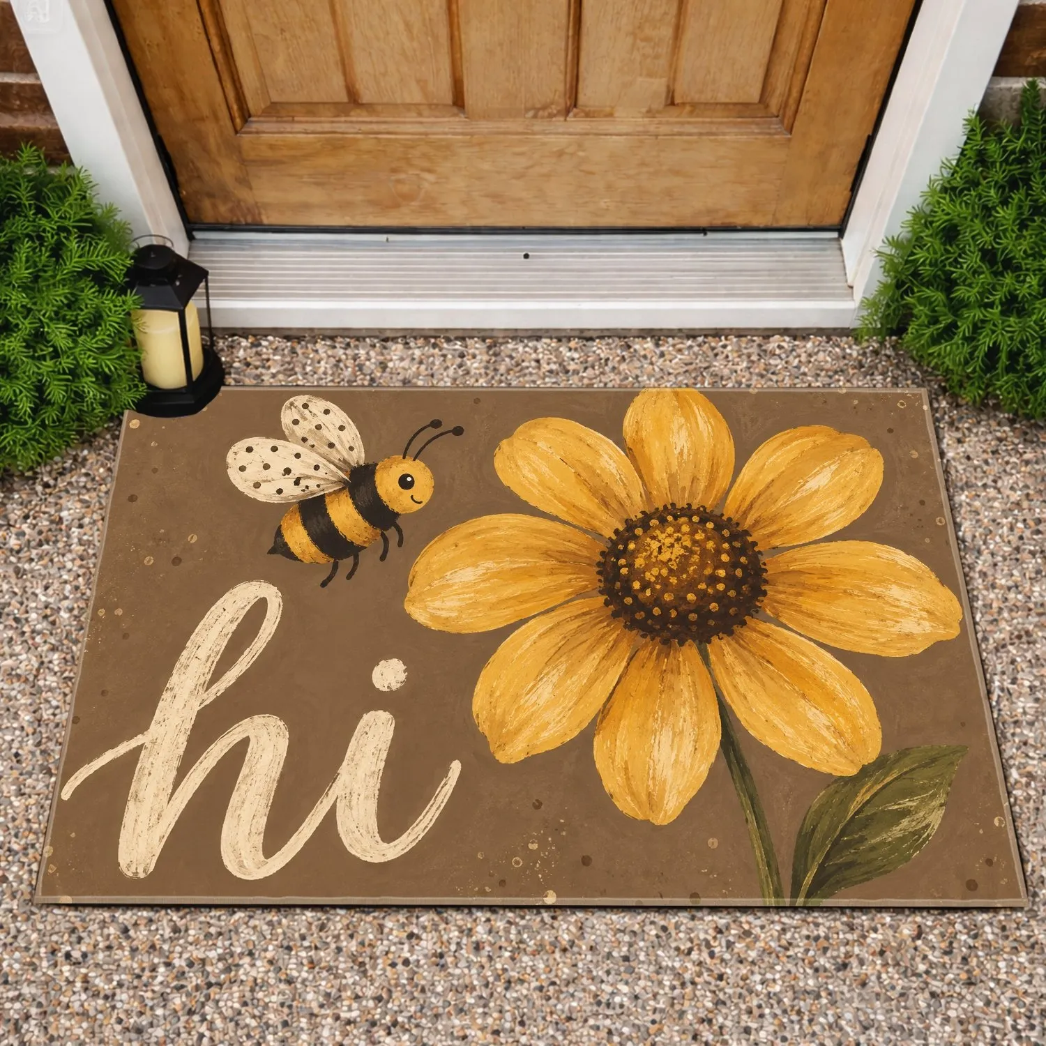 Golden Bee And Yellow Chrysanthemum Hi Greeting For Cheerful Springtime Home Style Doormat - 1