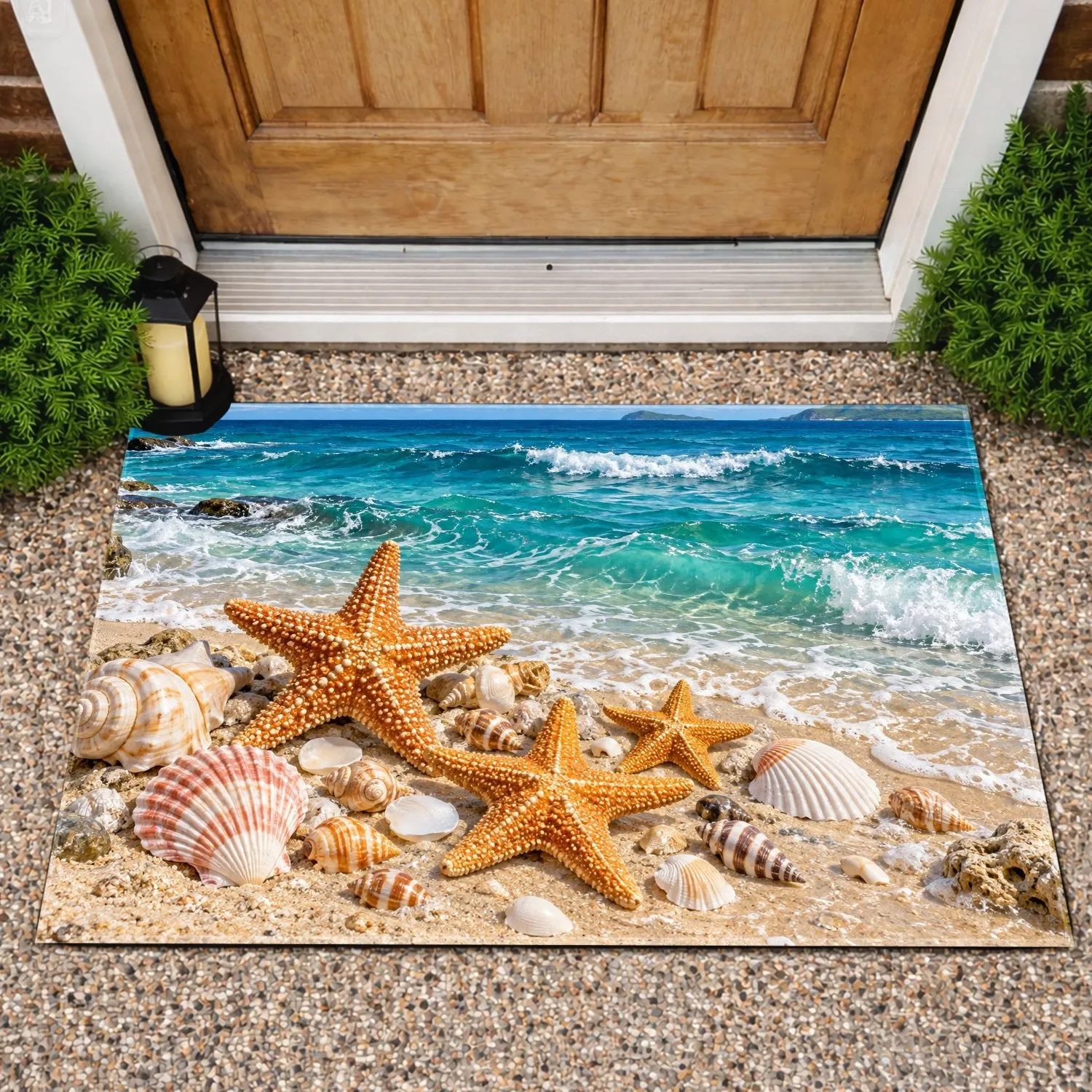 Starfish and Seashell Coastal Beach Scene for Relaxed Seaside Living and Entryways Doormat - 1