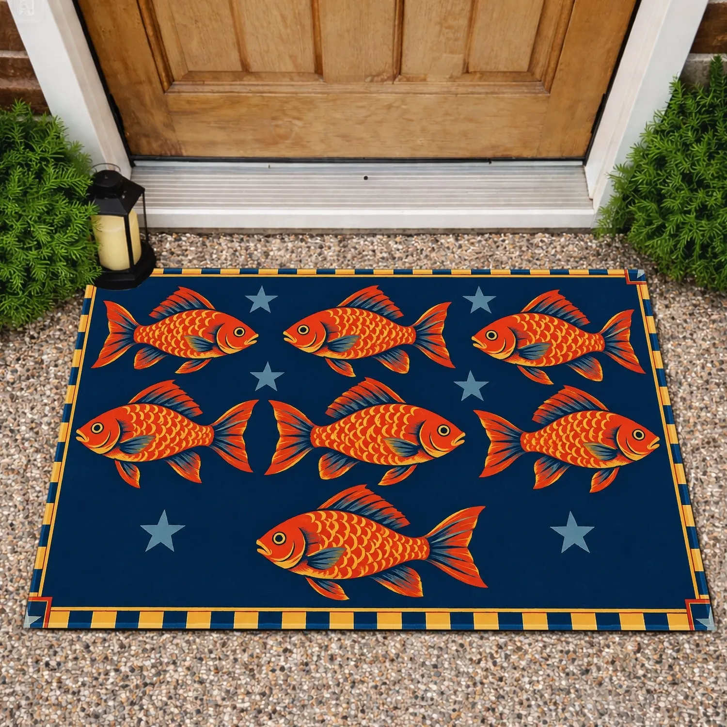 Seven Red Gold Fish Among Nautical Stars for Coastal Kitchen Living and Everyday Home Style Doormat - 1