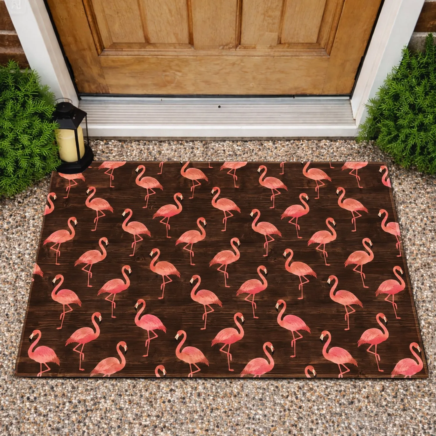 Pink Flamingo Tropical Woodgrain Motif for Sunny Coastal Entryway and Beach House Style Doormat - 1