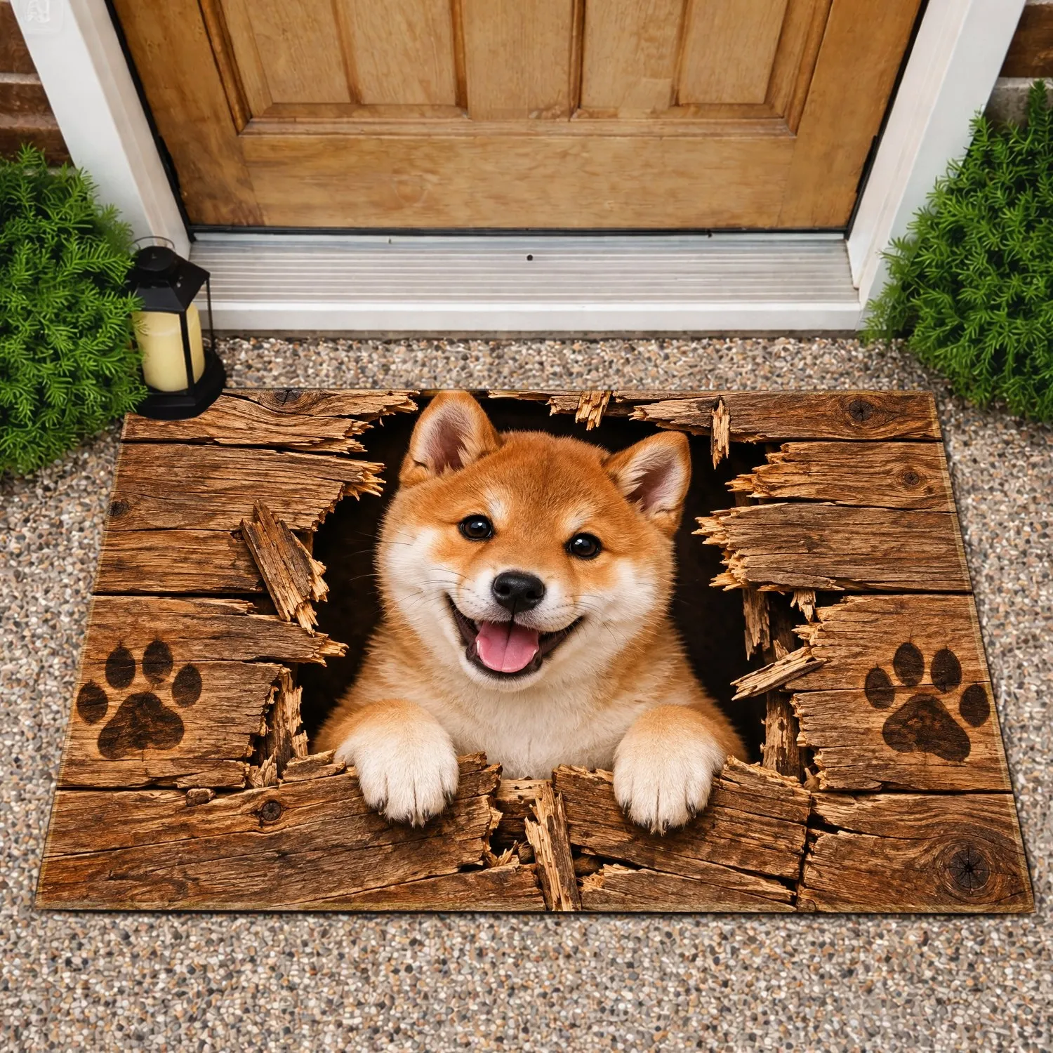 Smiling Shiba Inu Wooden Breakthrough for Cozy Autumn Homes and Dog Lovers Doormat - 1