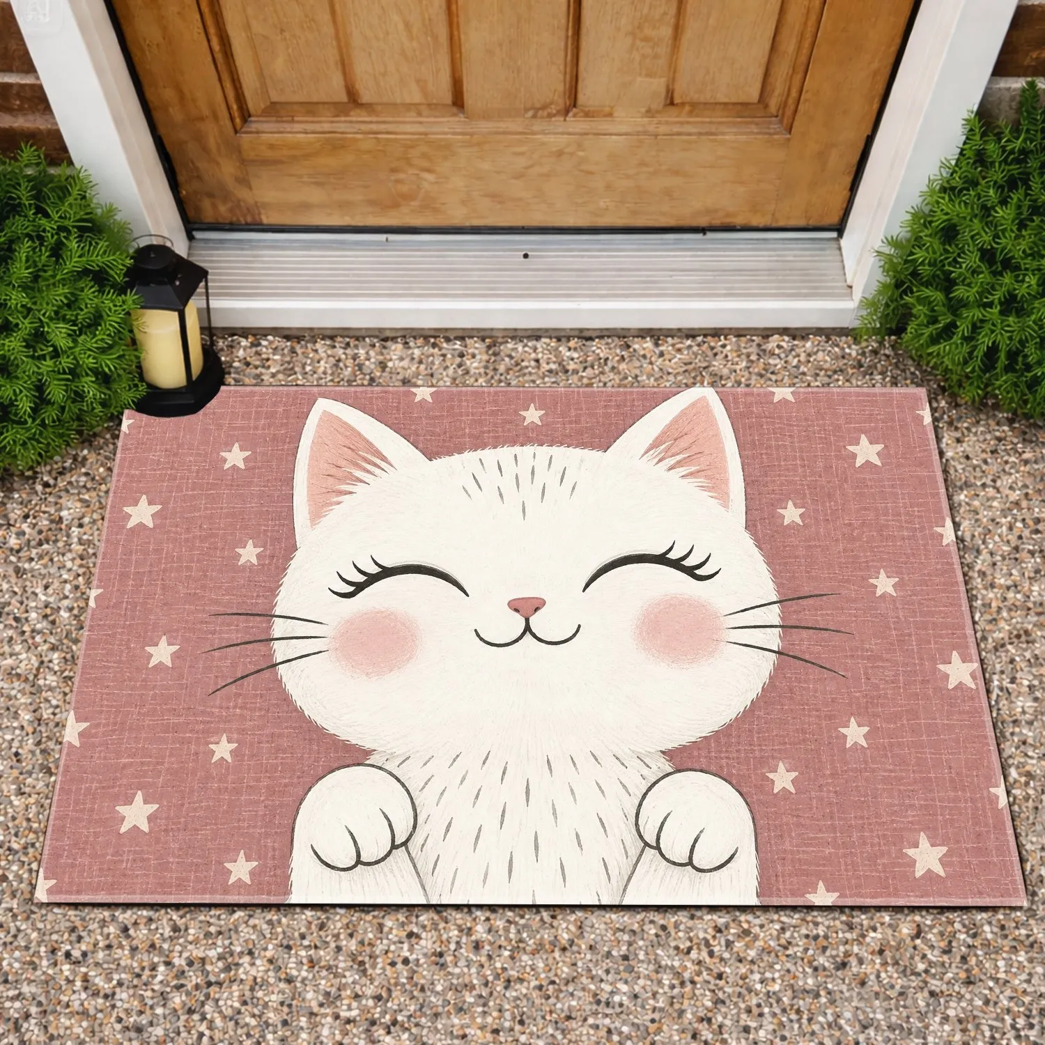 Cute White Cat Face and Stars for Cozy Cat Lover Home Entryway Everyday Charm Gift Doormat - 1