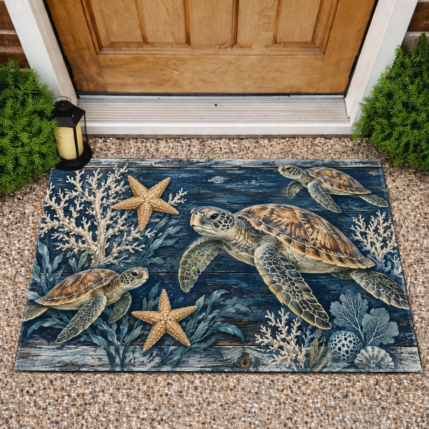 Sea Turtle And Starfish Coastal Scene For Relaxed Ocean Inspired Home Living Doormat - 1