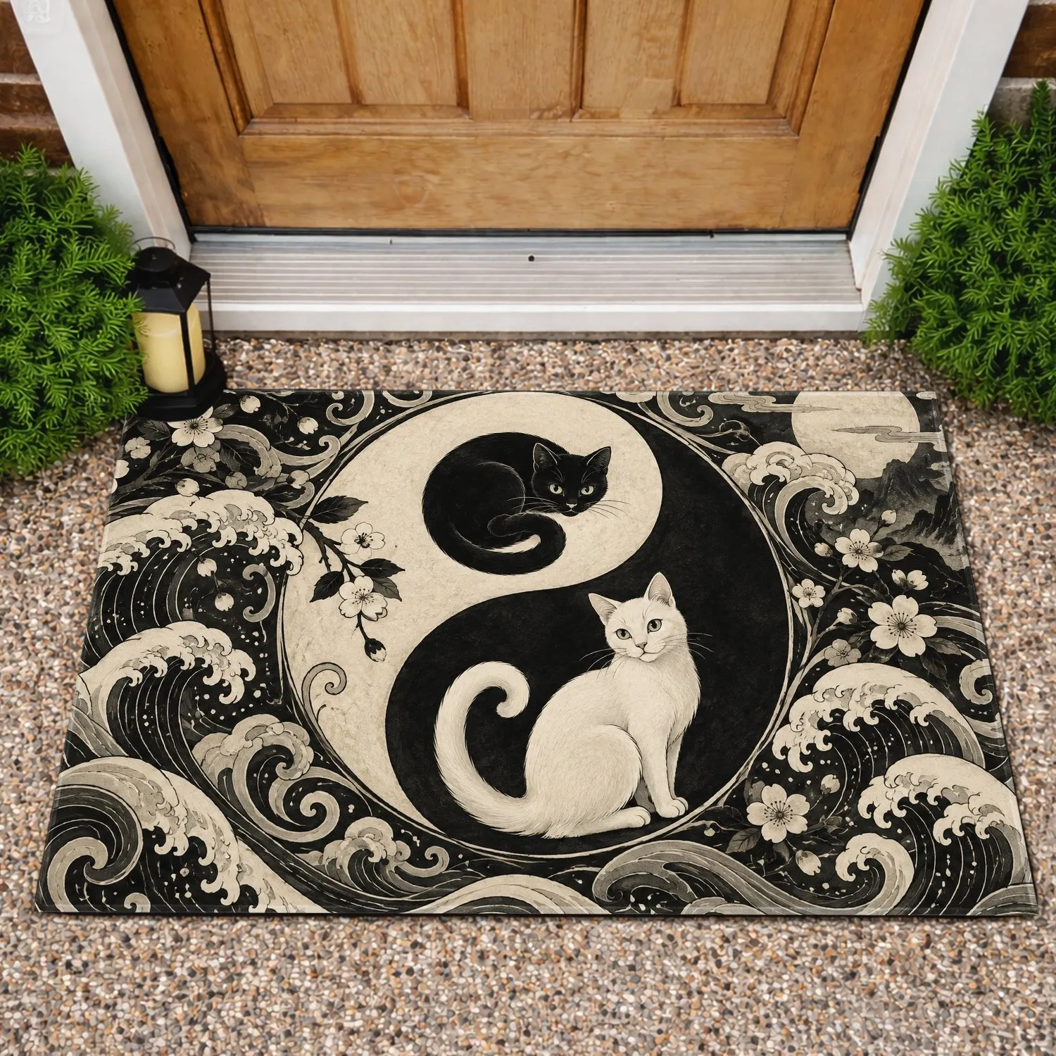 Yin Yang Cat Pair With Japanese Waves for Calm Cat Lover Homes Doormat - 1