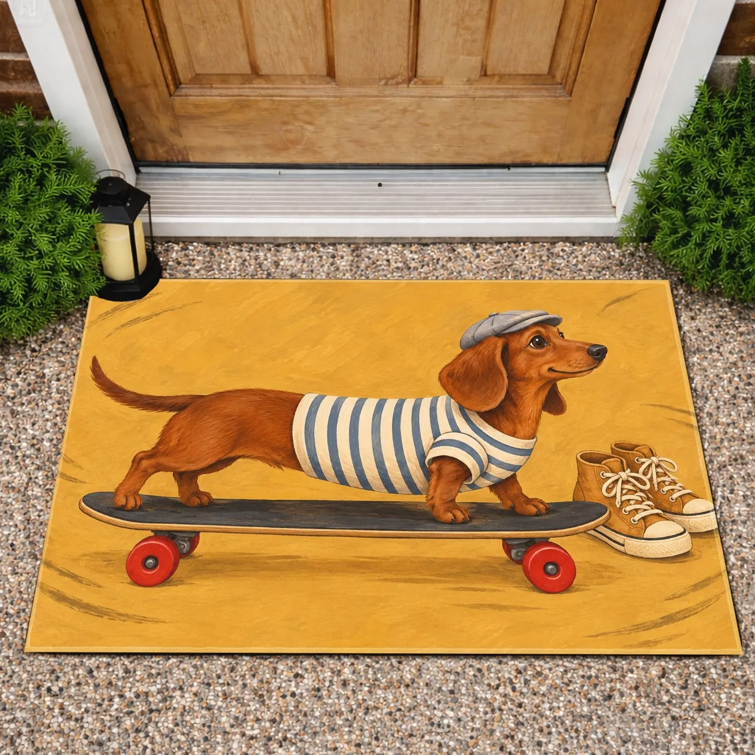 Dachshund Skateboard Adventure for Playful Pet Lovers and Skateboarding Fans Gift Idea Doormat - 1