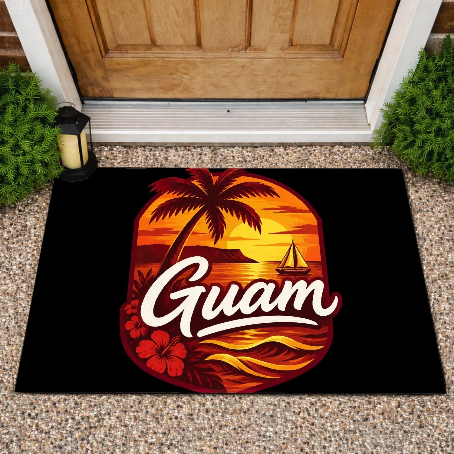 Guam Palm Tree Sunset And Sailboat Island Escape For Tropical Coastal Home Entryway Doormat - 1